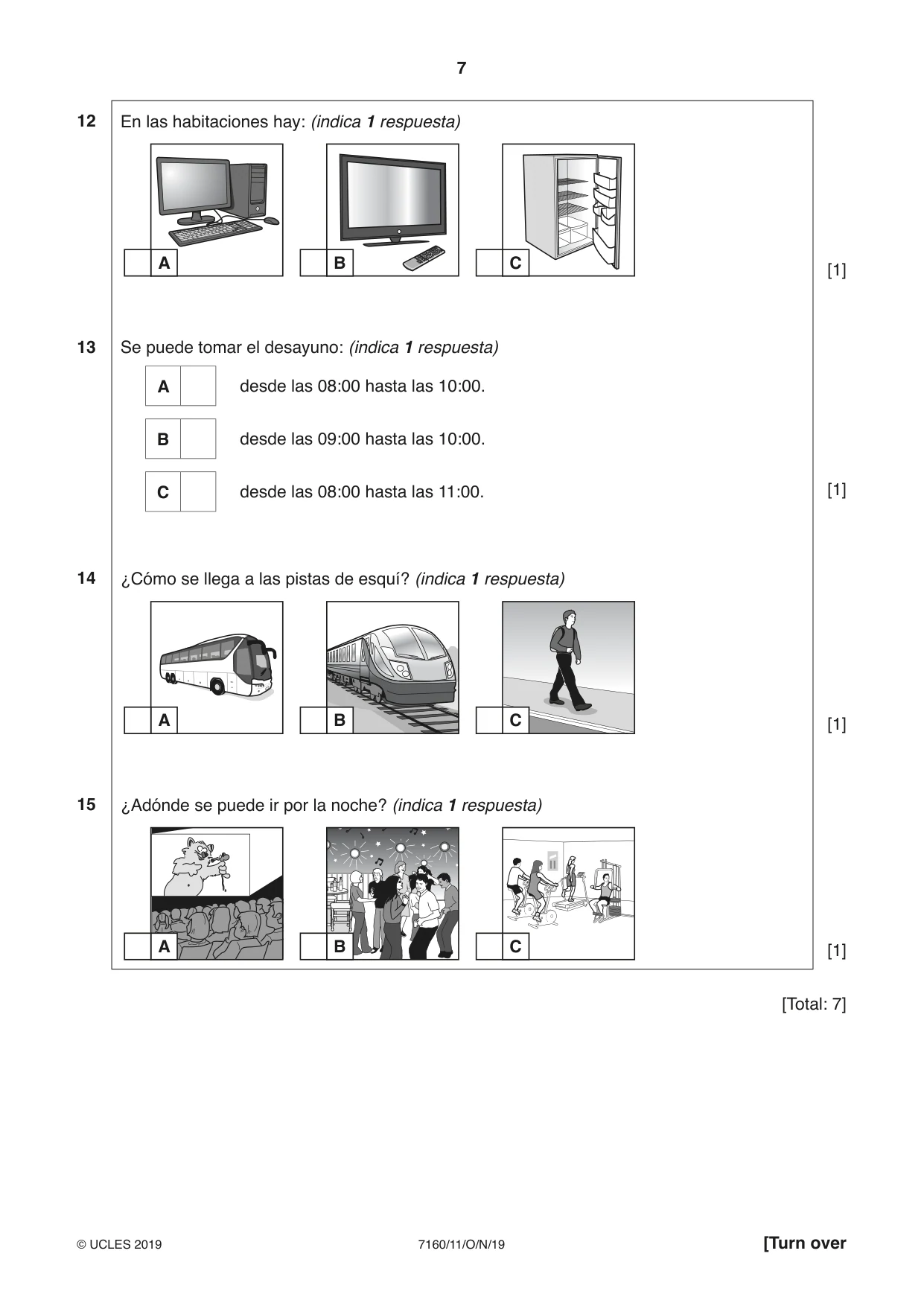 Cambridge IGCSE Spanish (9-1) 7160 2019 Oct/Nov Paper 1 · Variant 1 question paper, page 7 of 12