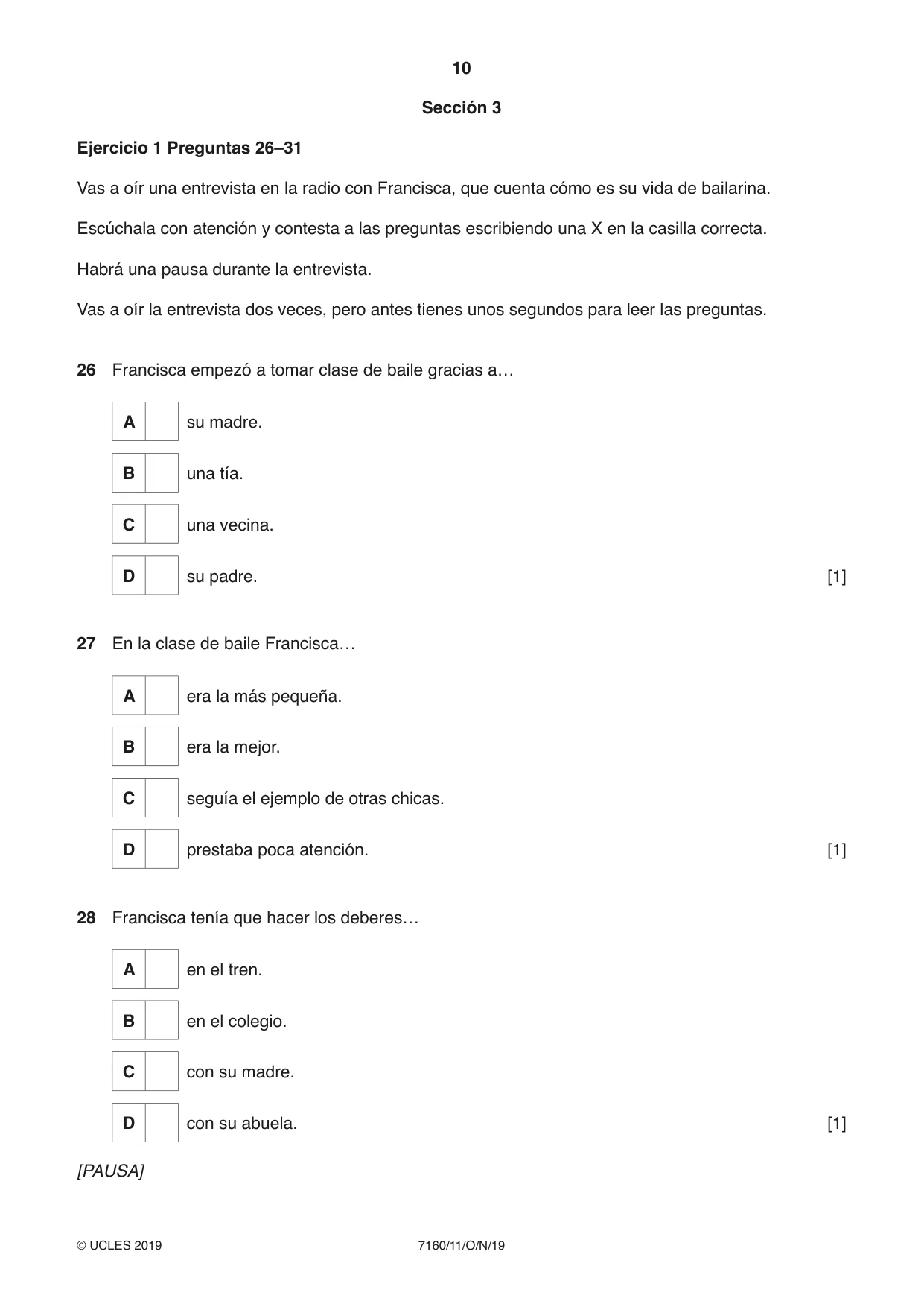 Cambridge IGCSE Spanish (9-1) 7160 2019 Oct/Nov Paper 1 · Variant 1 question paper, page 10 of 12