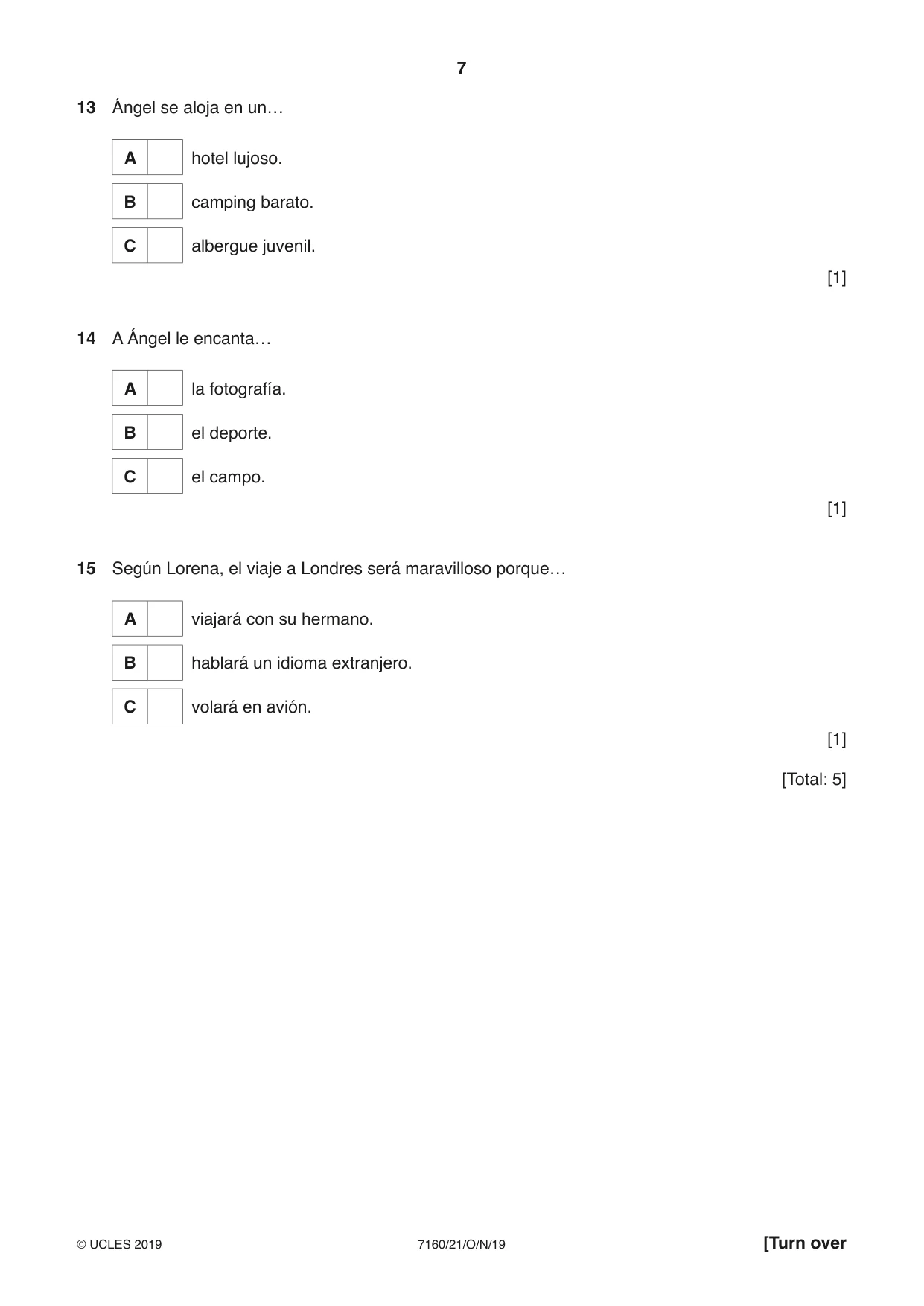 Cambridge IGCSE Spanish (9-1) 7160 2019 Oct/Nov Paper 2 · Variant 1 question paper, page 7 of 16