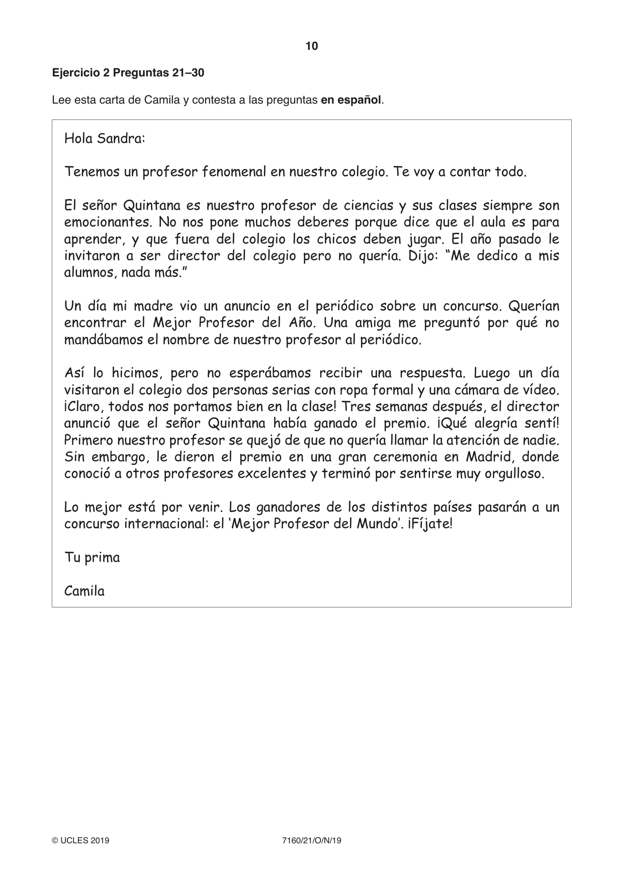 Cambridge IGCSE Spanish (9-1) 7160 2019 Oct/Nov Paper 2 · Variant 1 question paper, page 10 of 16