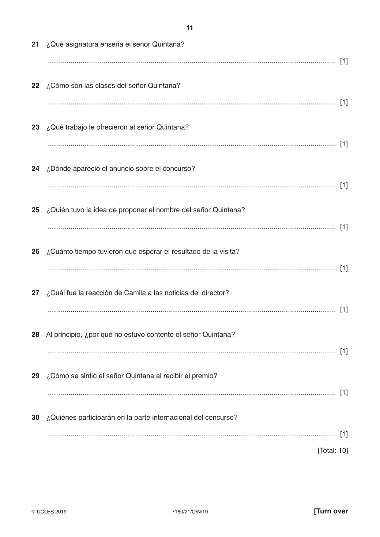 Cambridge IGCSE Spanish (9-1) 7160 2019 Oct/Nov Paper 2 · Variant 1 question paper, page 11 of 16