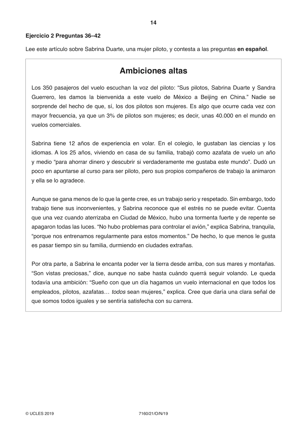 Cambridge IGCSE Spanish (9-1) 7160 2019 Oct/Nov Paper 2 · Variant 1 question paper, page 14 of 16