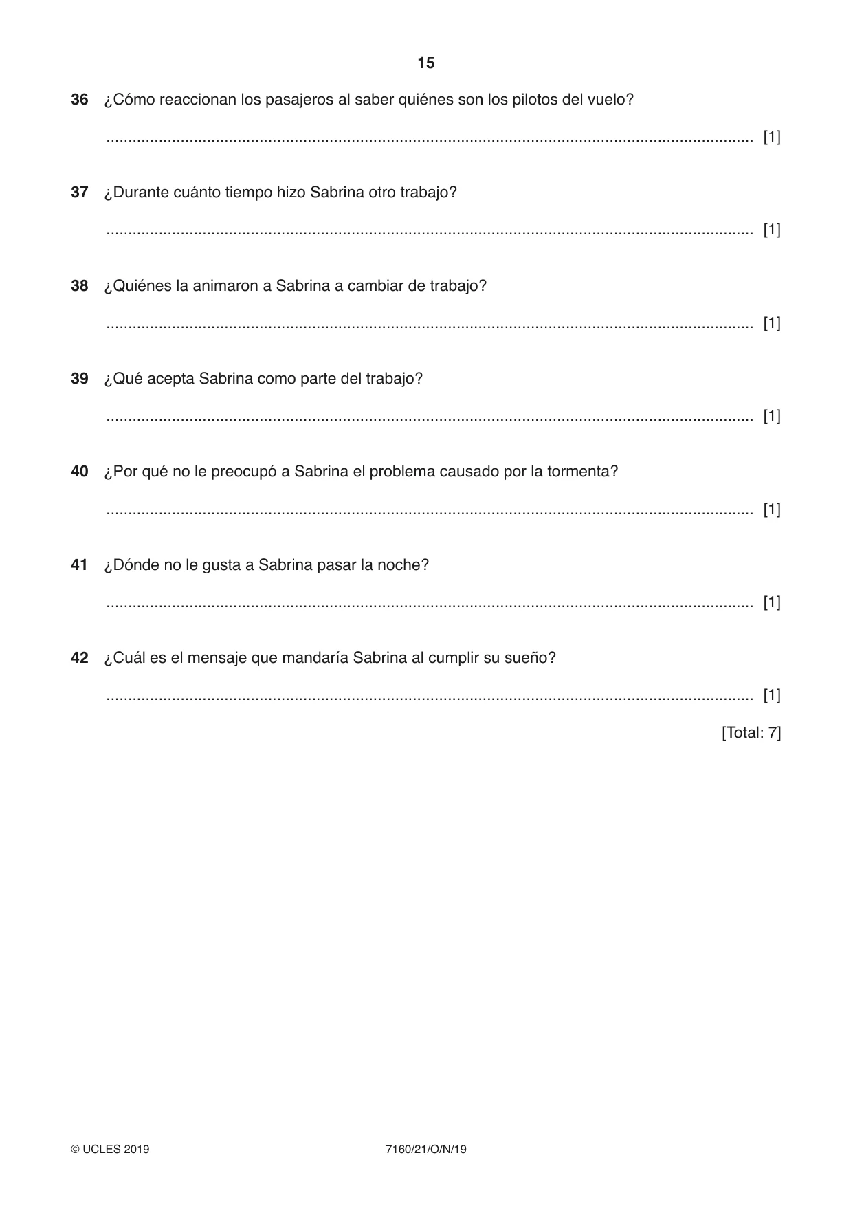 Cambridge IGCSE Spanish (9-1) 7160 2019 Oct/Nov Paper 2 · Variant 1 question paper, page 15 of 16