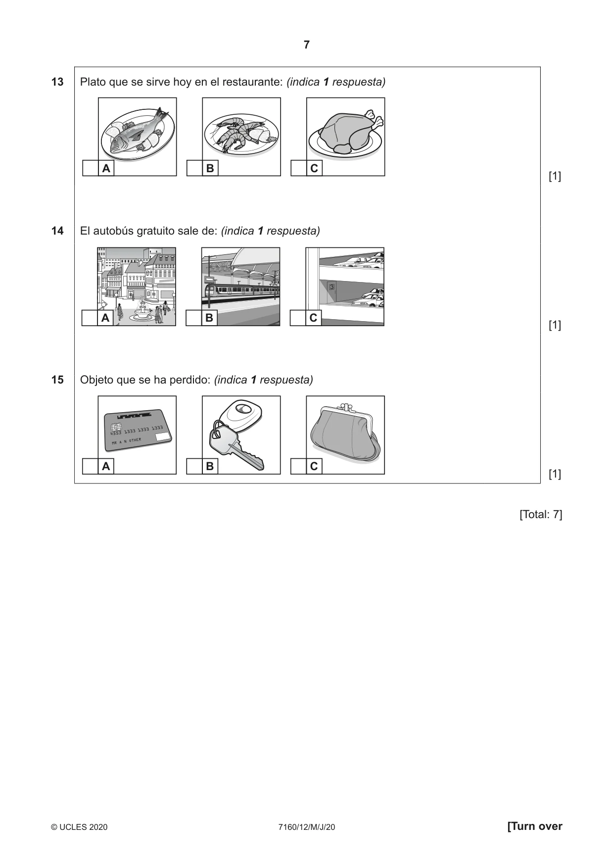 Cambridge IGCSE Spanish (9-1) 7160 2020 May/June Paper 1 · Variant 2 question paper, page 7 of 12