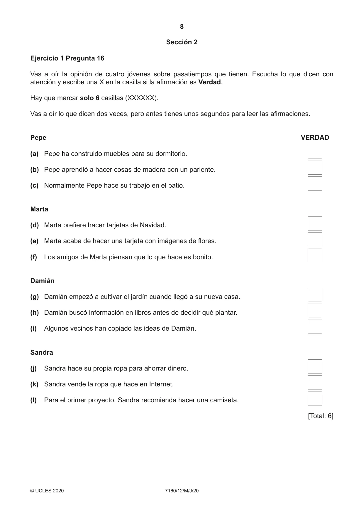 Cambridge IGCSE Spanish (9-1) 7160 2020 May/June Paper 1 · Variant 2 question paper, page 8 of 12