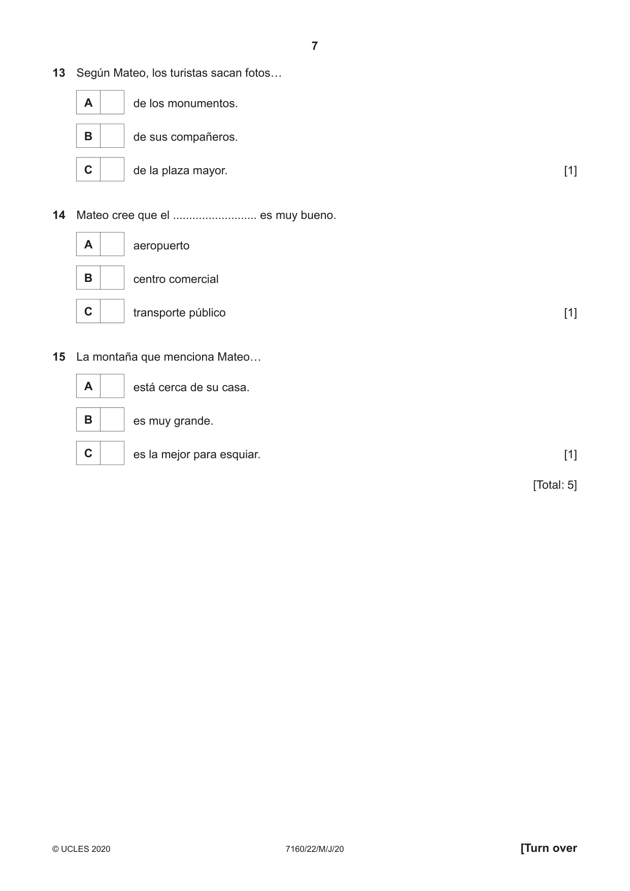 Cambridge IGCSE Spanish (9-1) 7160 2020 May/June Paper 2 · Variant 2 question paper, page 7 of 16