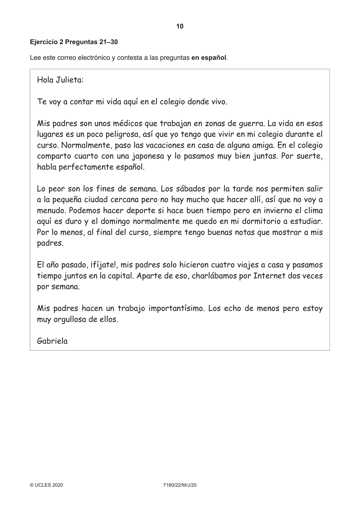 Cambridge IGCSE Spanish (9-1) 7160 2020 May/June Paper 2 · Variant 2 question paper, page 10 of 16