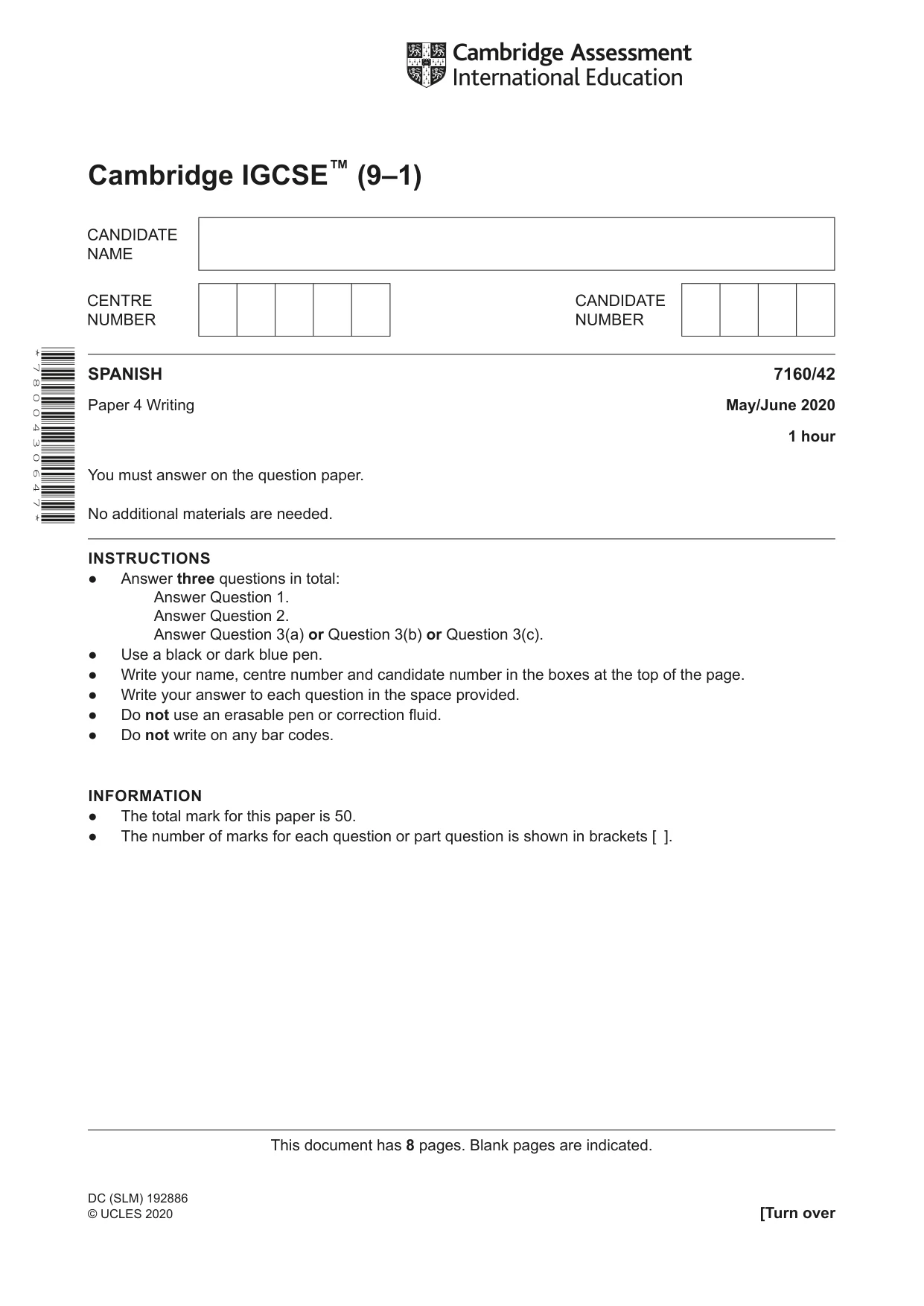 Cambridge IGCSE Spanish (9-1) 7160 2020 May/June Paper 4 · Variant 2 question paper, page 1 of 8