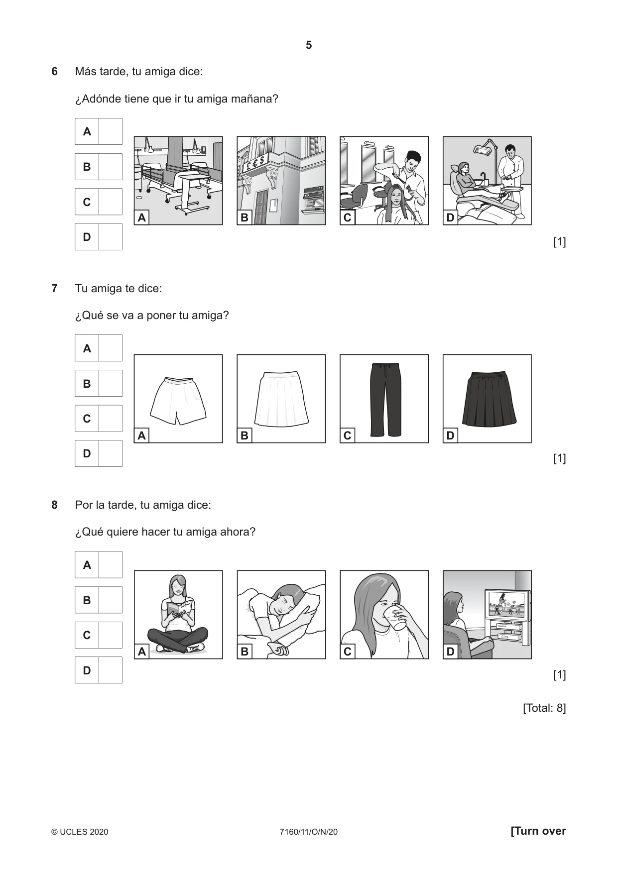 Cambridge IGCSE Spanish (9-1) 7160 2020 Oct/Nov Paper 1 · Variant 1 question paper, page 5 of 12