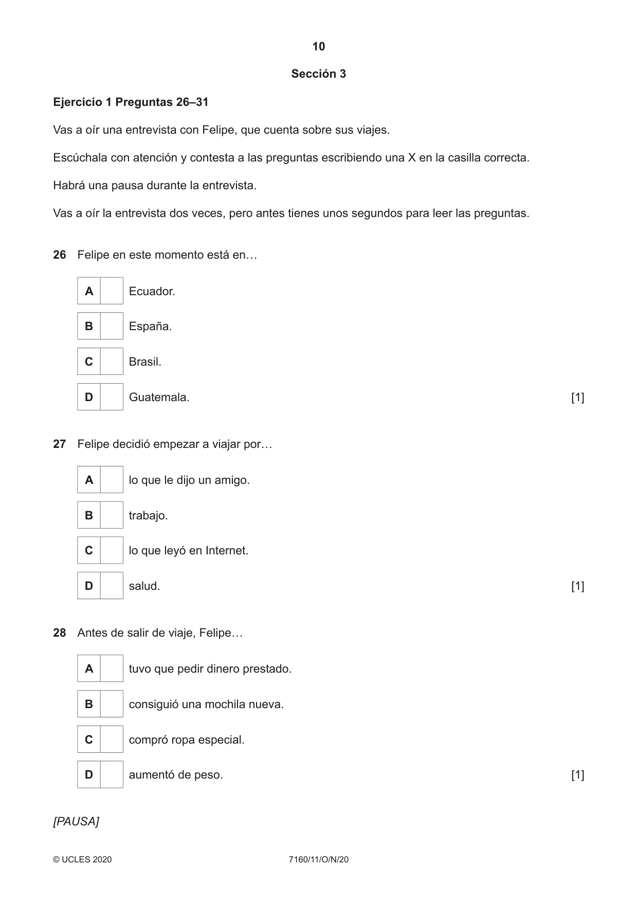 Cambridge IGCSE Spanish (9-1) 7160 2020 Oct/Nov Paper 1 · Variant 1 question paper, page 10 of 12
