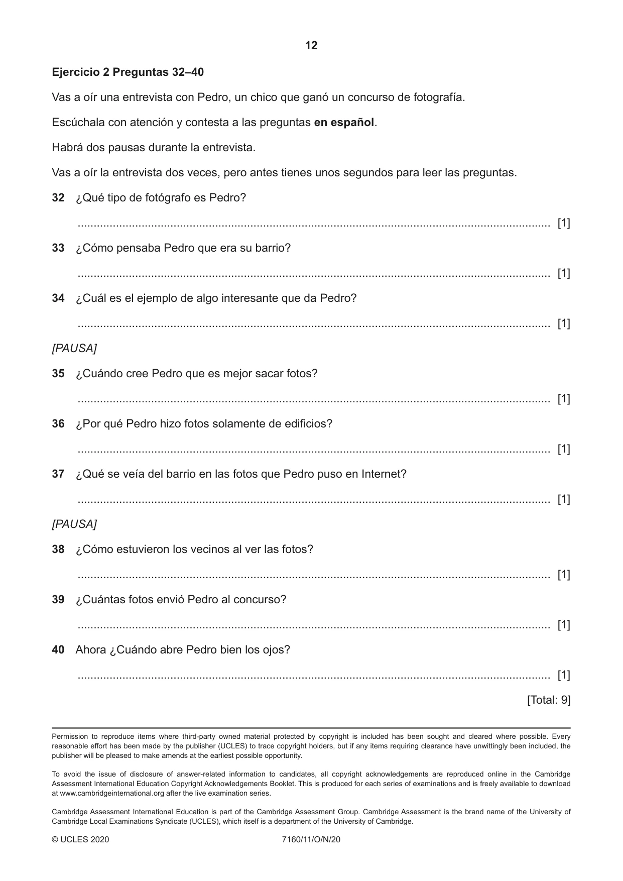 Cambridge IGCSE Spanish (9-1) 7160 2020 Oct/Nov Paper 1 · Variant 1 question paper, page 12 of 12