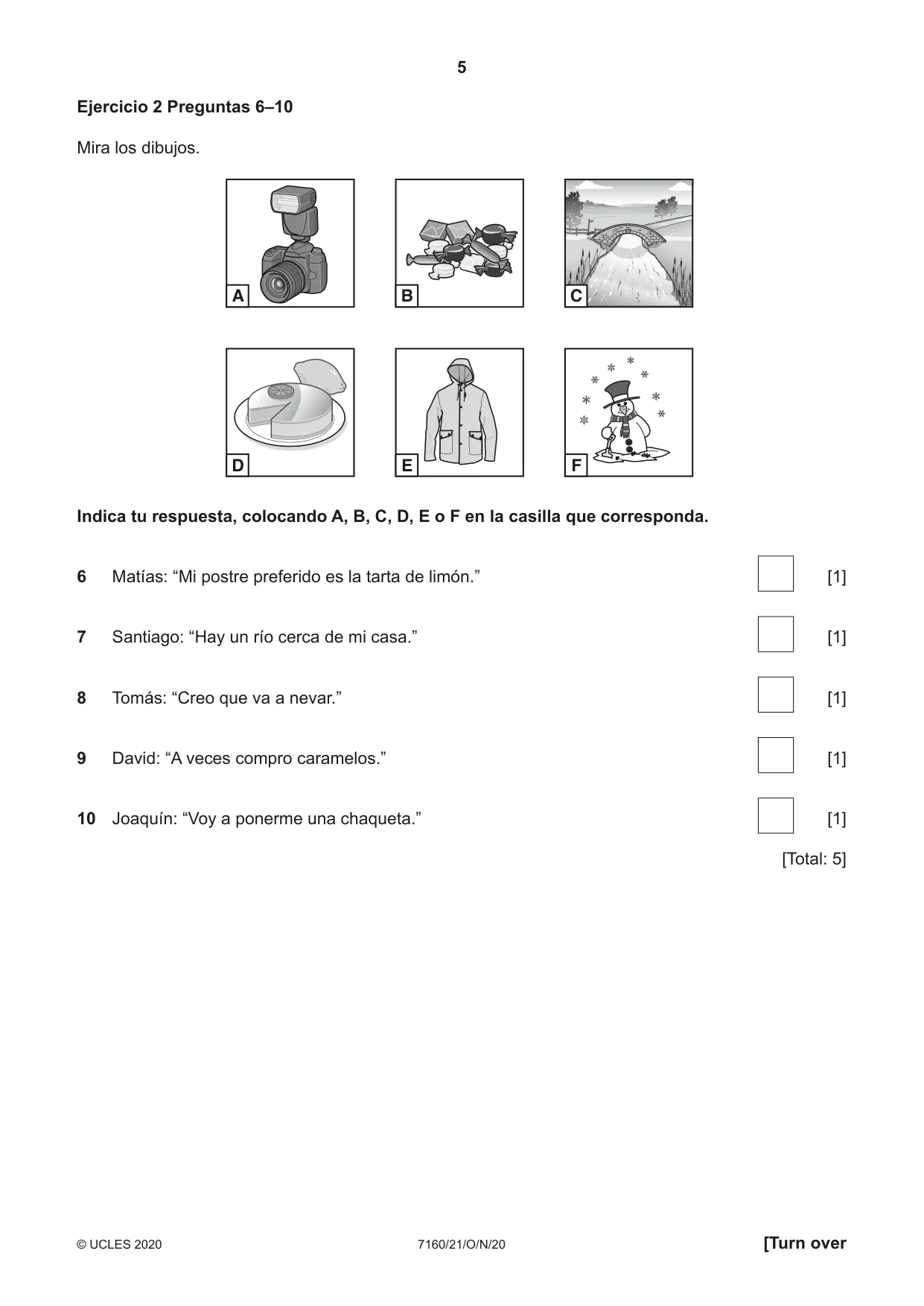 Cambridge IGCSE Spanish (9-1) 7160 2020 Oct/Nov Paper 2 · Variant 1 question paper, page 5 of 16