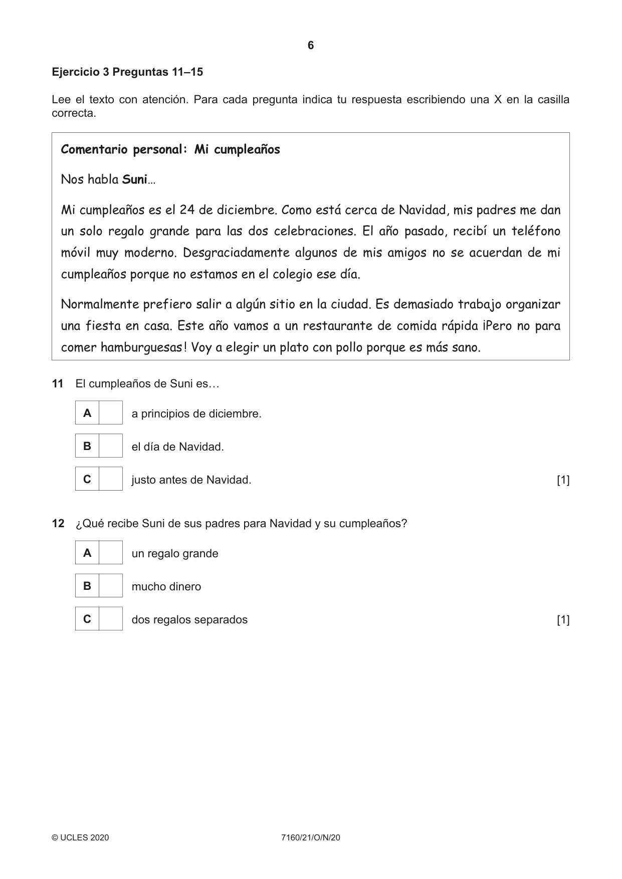 Cambridge IGCSE Spanish (9-1) 7160 2020 Oct/Nov Paper 2 · Variant 1 question paper, page 6 of 16