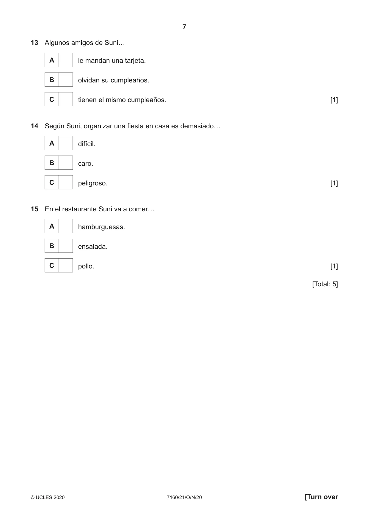 Cambridge IGCSE Spanish (9-1) 7160 2020 Oct/Nov Paper 2 · Variant 1 question paper, page 7 of 16