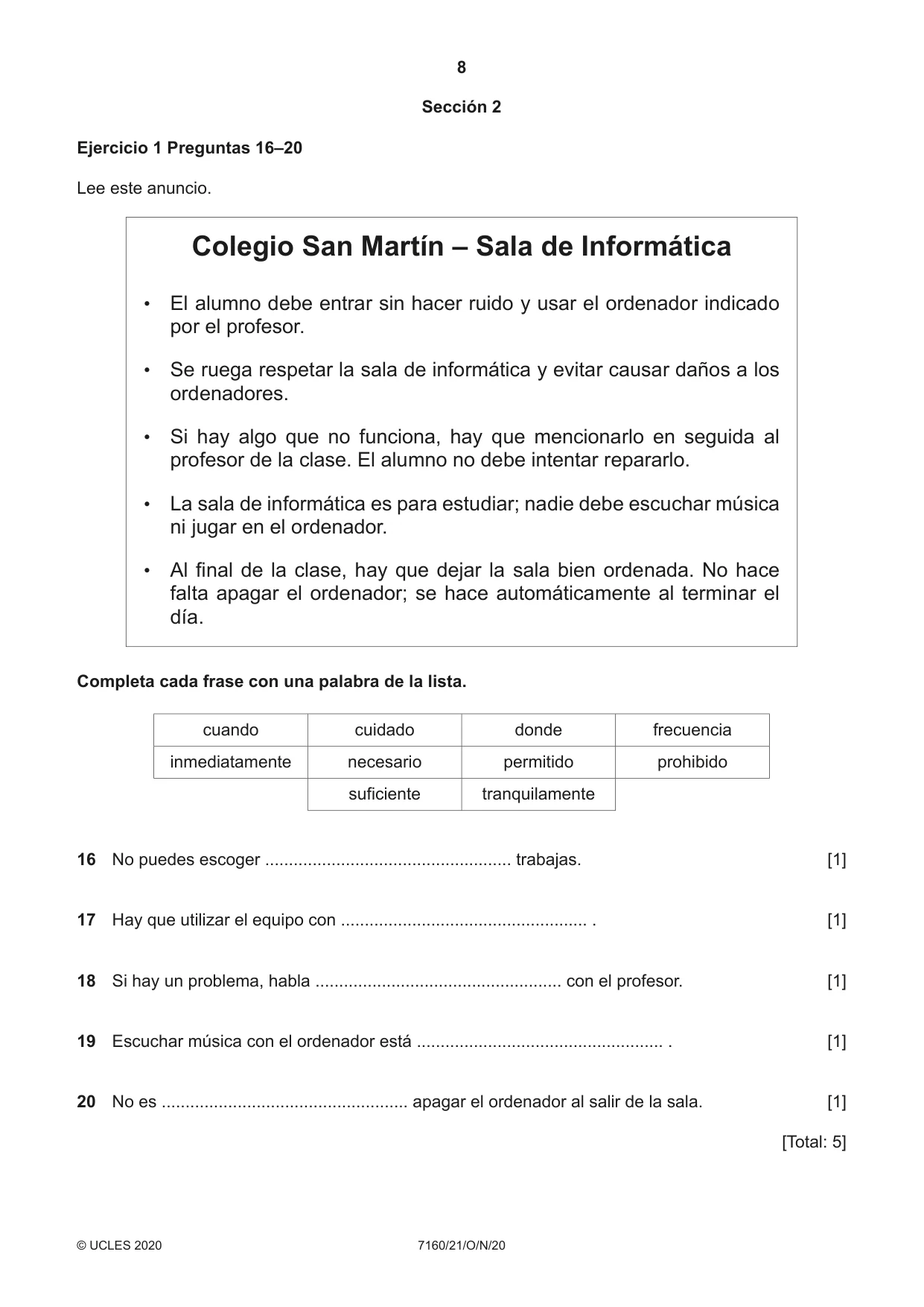Cambridge IGCSE Spanish (9-1) 7160 2020 Oct/Nov Paper 2 · Variant 1 question paper, page 8 of 16
