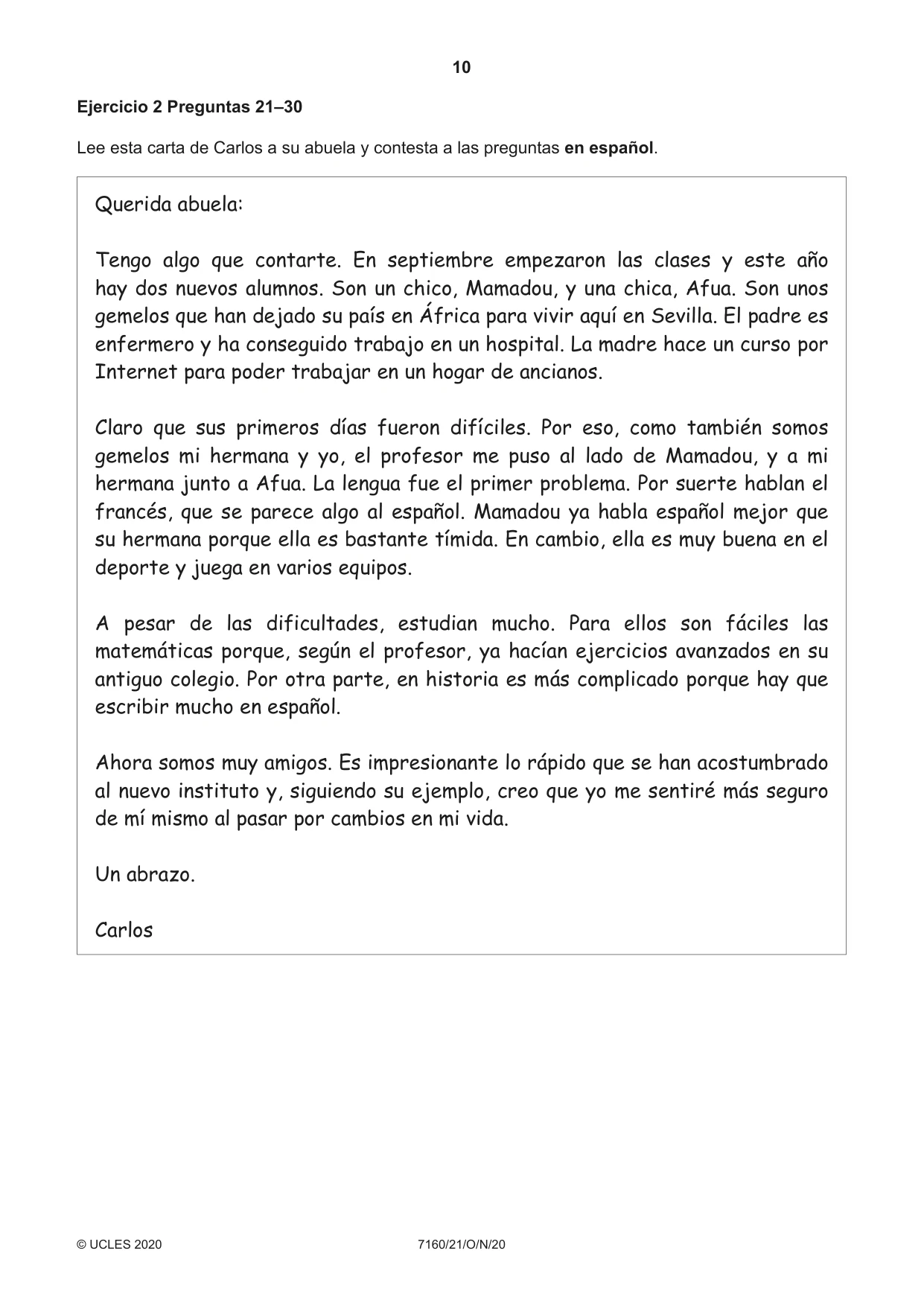 Cambridge IGCSE Spanish (9-1) 7160 2020 Oct/Nov Paper 2 · Variant 1 question paper, page 10 of 16