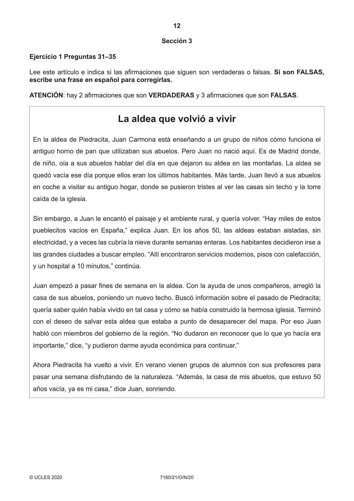 Cambridge IGCSE Spanish (9-1) 7160 2020 Oct/Nov Paper 2 · Variant 1 question paper, page 12 of 16