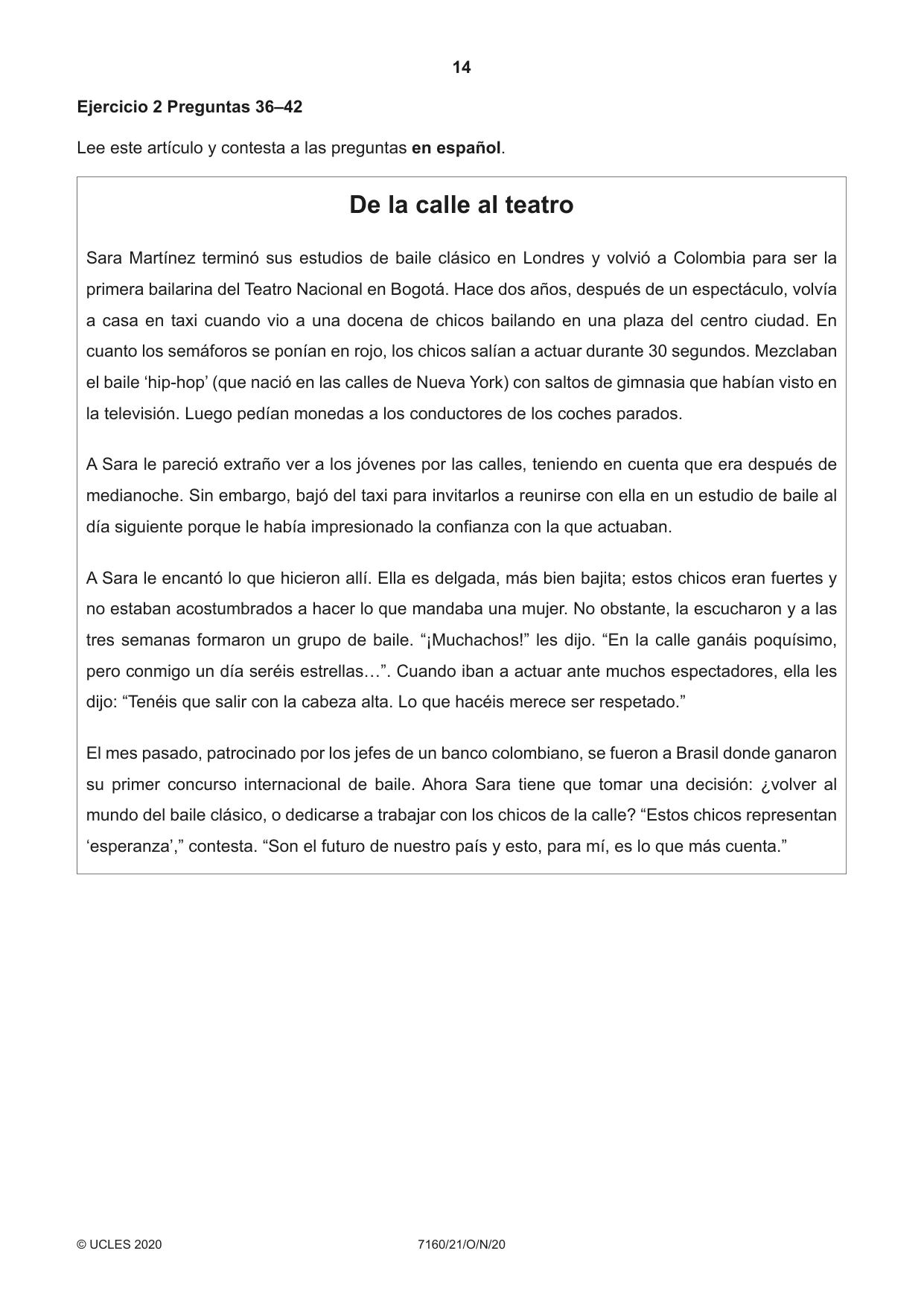 Cambridge IGCSE Spanish (9-1) 7160 2020 Oct/Nov Paper 2 · Variant 1 question paper, page 14 of 16