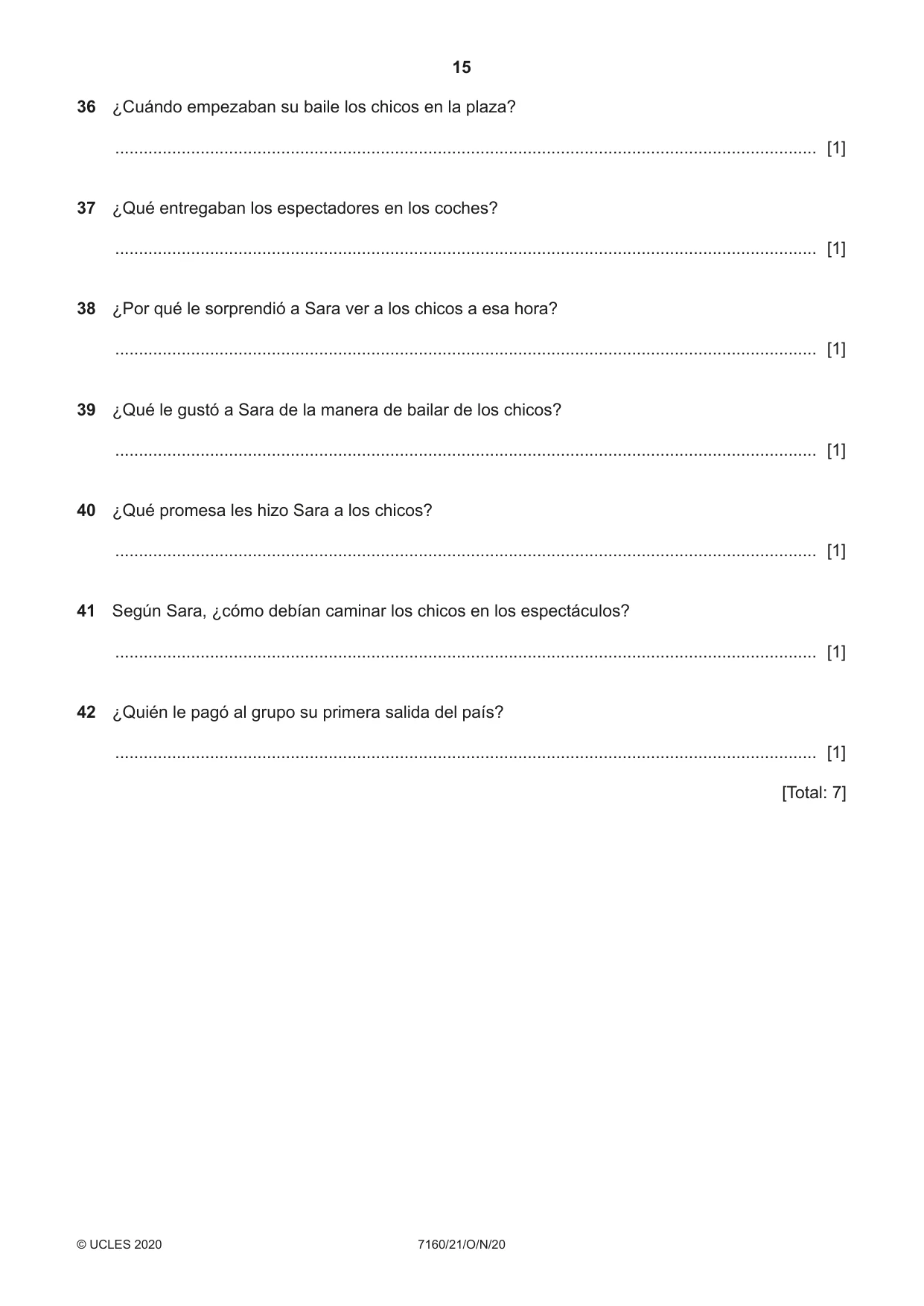 Cambridge IGCSE Spanish (9-1) 7160 2020 Oct/Nov Paper 2 · Variant 1 question paper, page 15 of 16