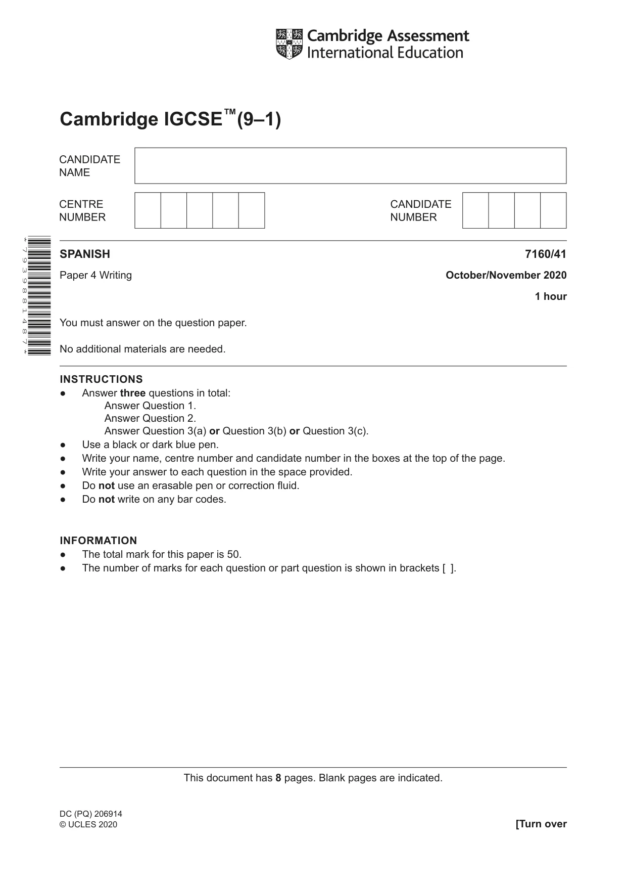 Cambridge IGCSE Spanish (9-1) 7160 2020 Oct/Nov Paper 4 · Variant 1 question paper, page 1 of 8