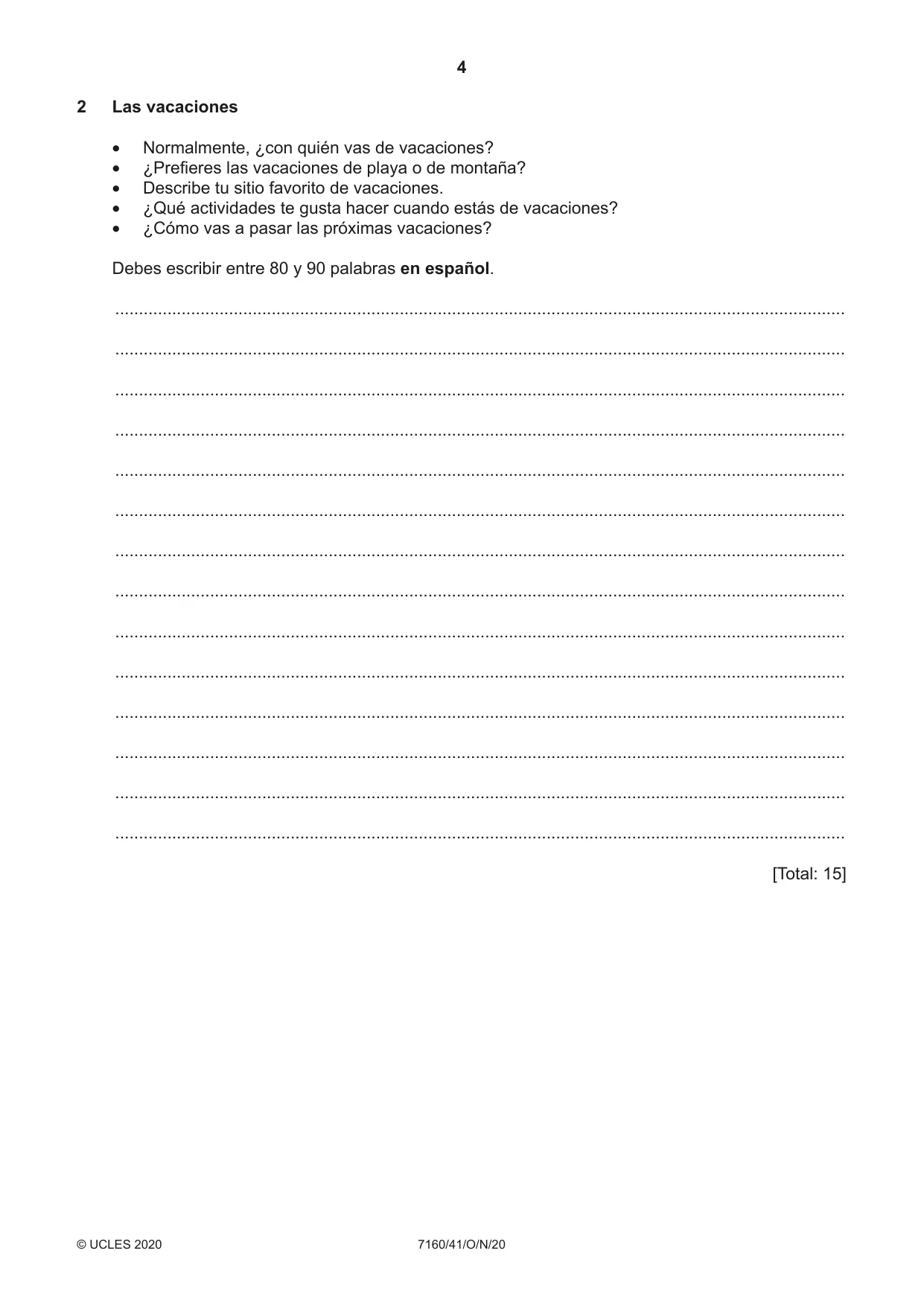 Cambridge IGCSE Spanish (9-1) 7160 2020 Oct/Nov Paper 4 · Variant 1 question paper, page 4 of 8