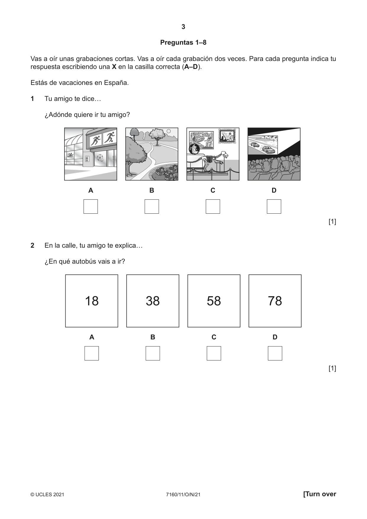 Cambridge IGCSE Spanish (9-1) 7160 2021 Oct/Nov Paper 1 · Variant 1 question paper, page 3 of 16