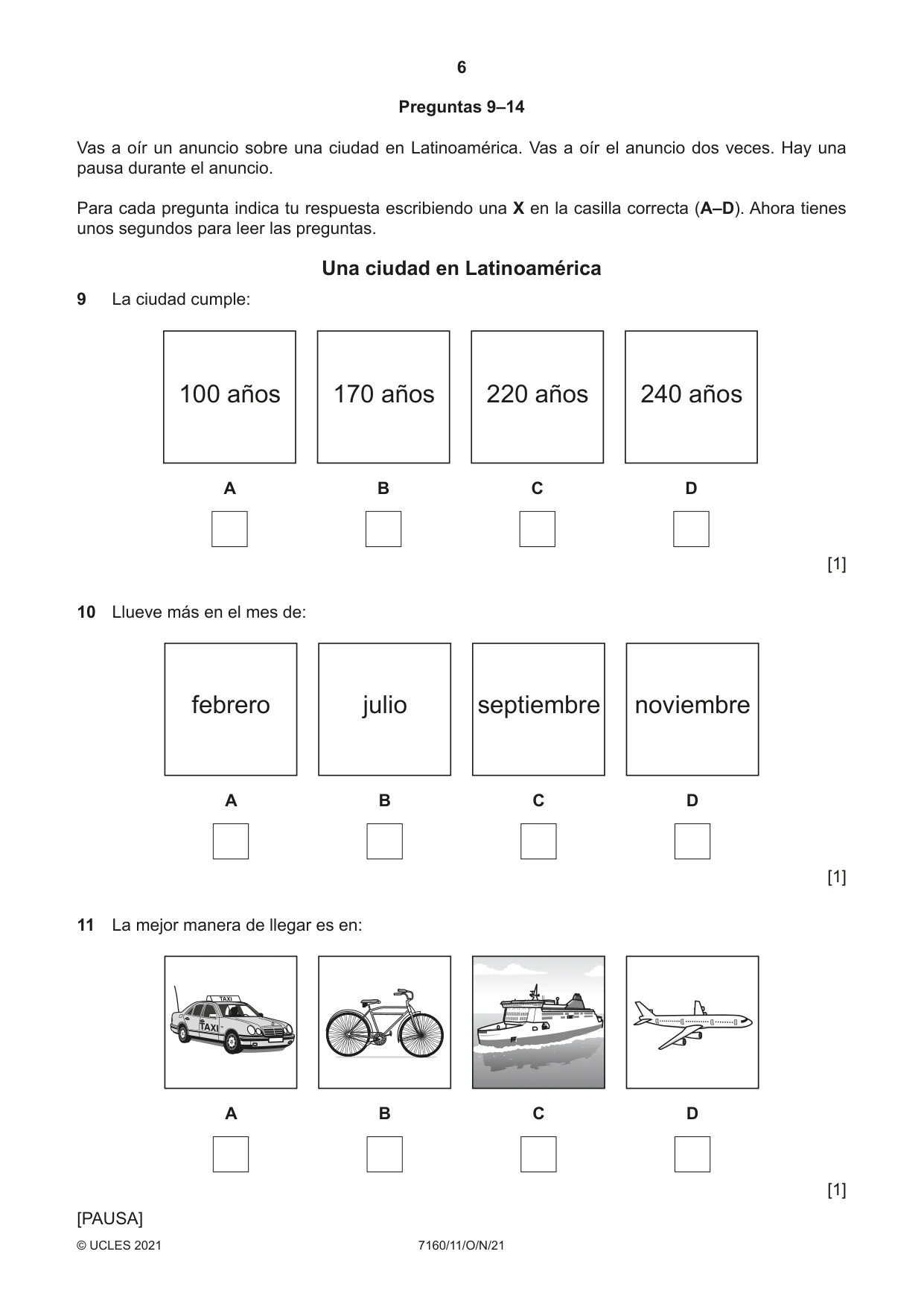 Cambridge IGCSE Spanish (9-1) 7160 2021 Oct/Nov Paper 1 · Variant 1 question paper, page 6 of 16