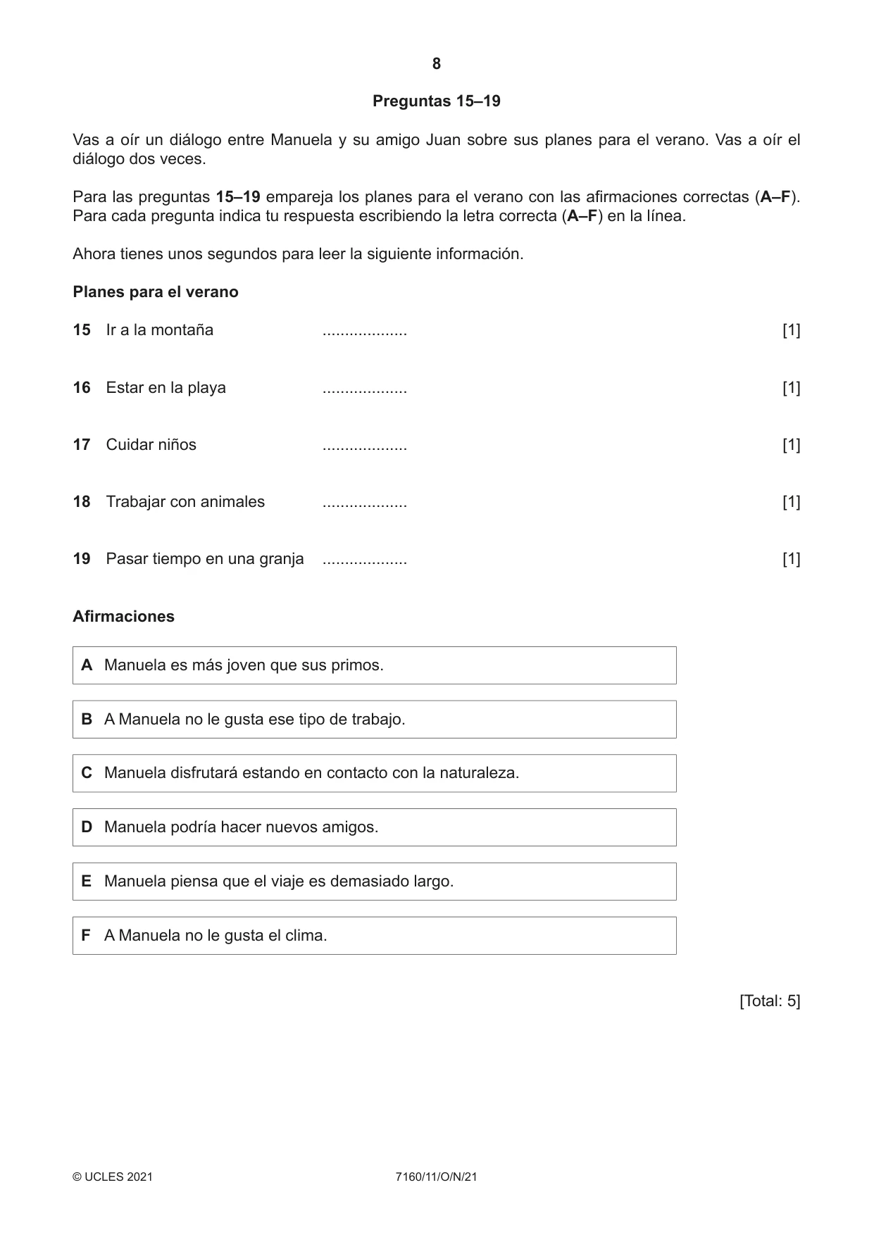 Cambridge IGCSE Spanish (9-1) 7160 2021 Oct/Nov Paper 1 · Variant 1 question paper, page 8 of 16