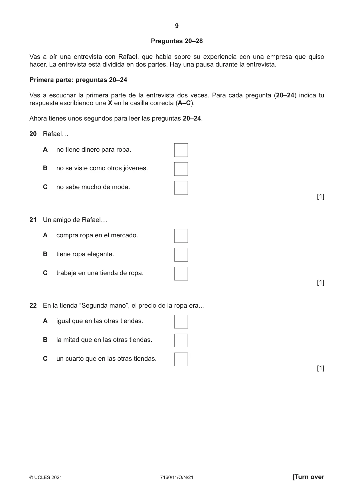 Cambridge IGCSE Spanish (9-1) 7160 2021 Oct/Nov Paper 1 · Variant 1 question paper, page 9 of 16