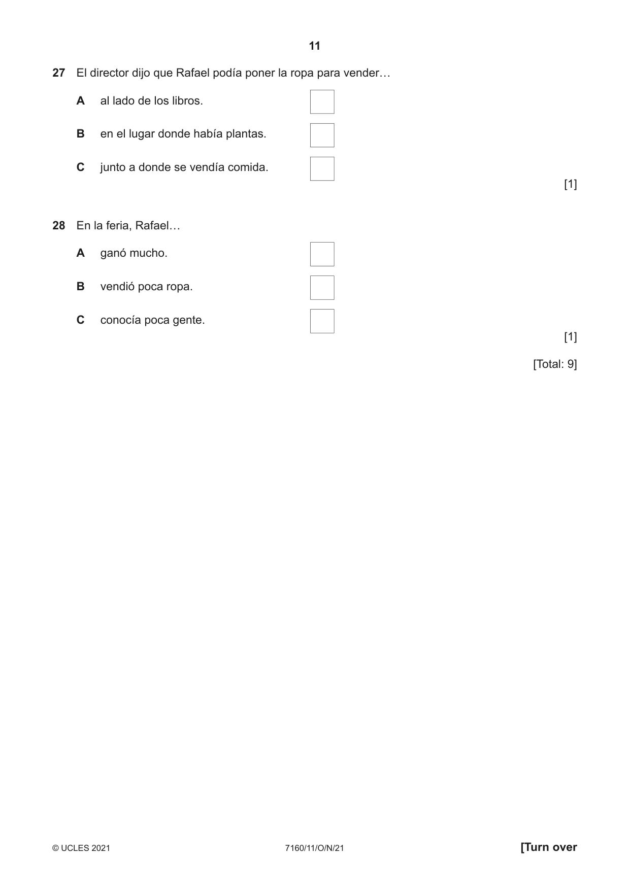 Cambridge IGCSE Spanish (9-1) 7160 2021 Oct/Nov Paper 1 · Variant 1 question paper, page 11 of 16