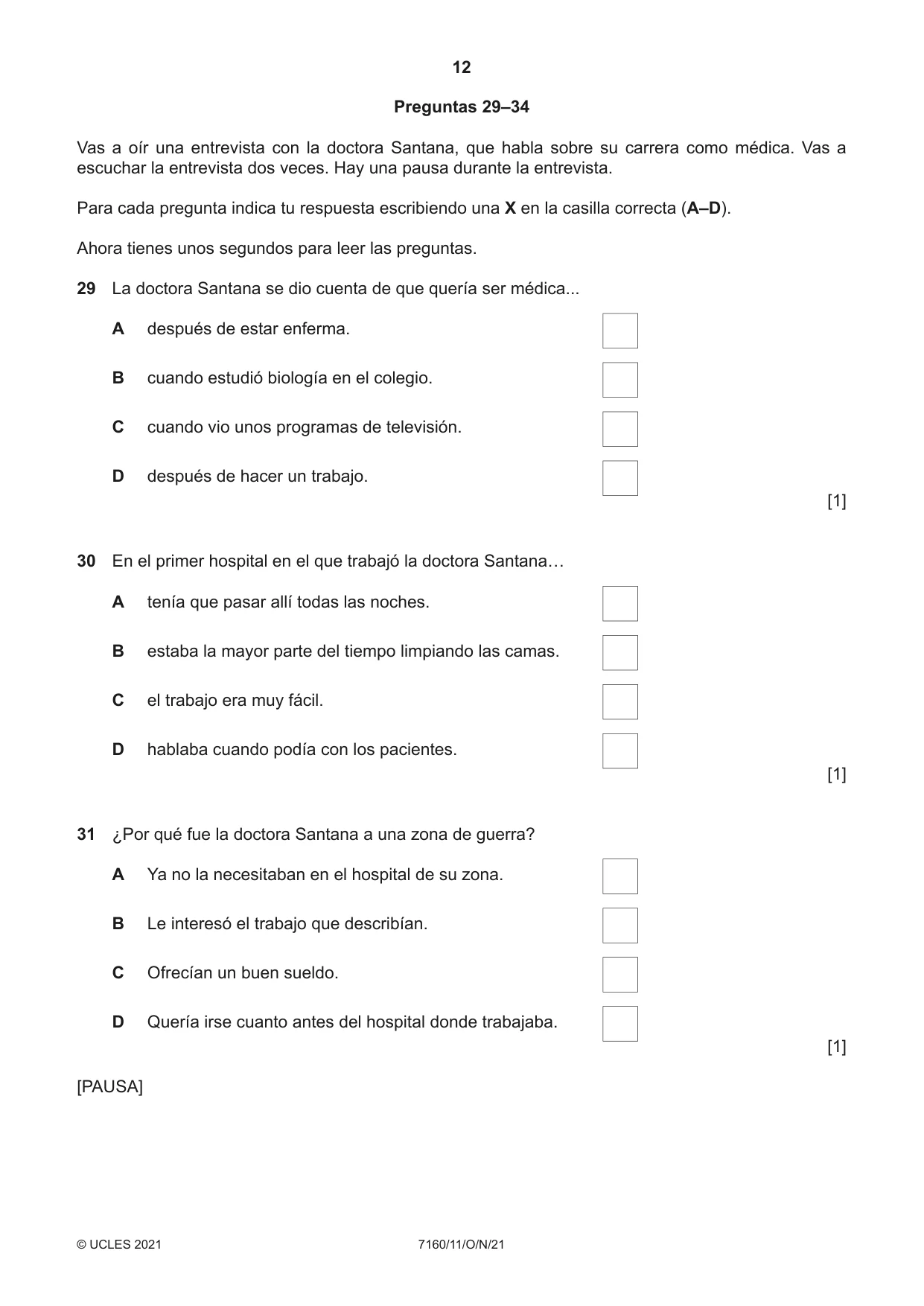 Cambridge IGCSE Spanish (9-1) 7160 2021 Oct/Nov Paper 1 · Variant 1 question paper, page 12 of 16