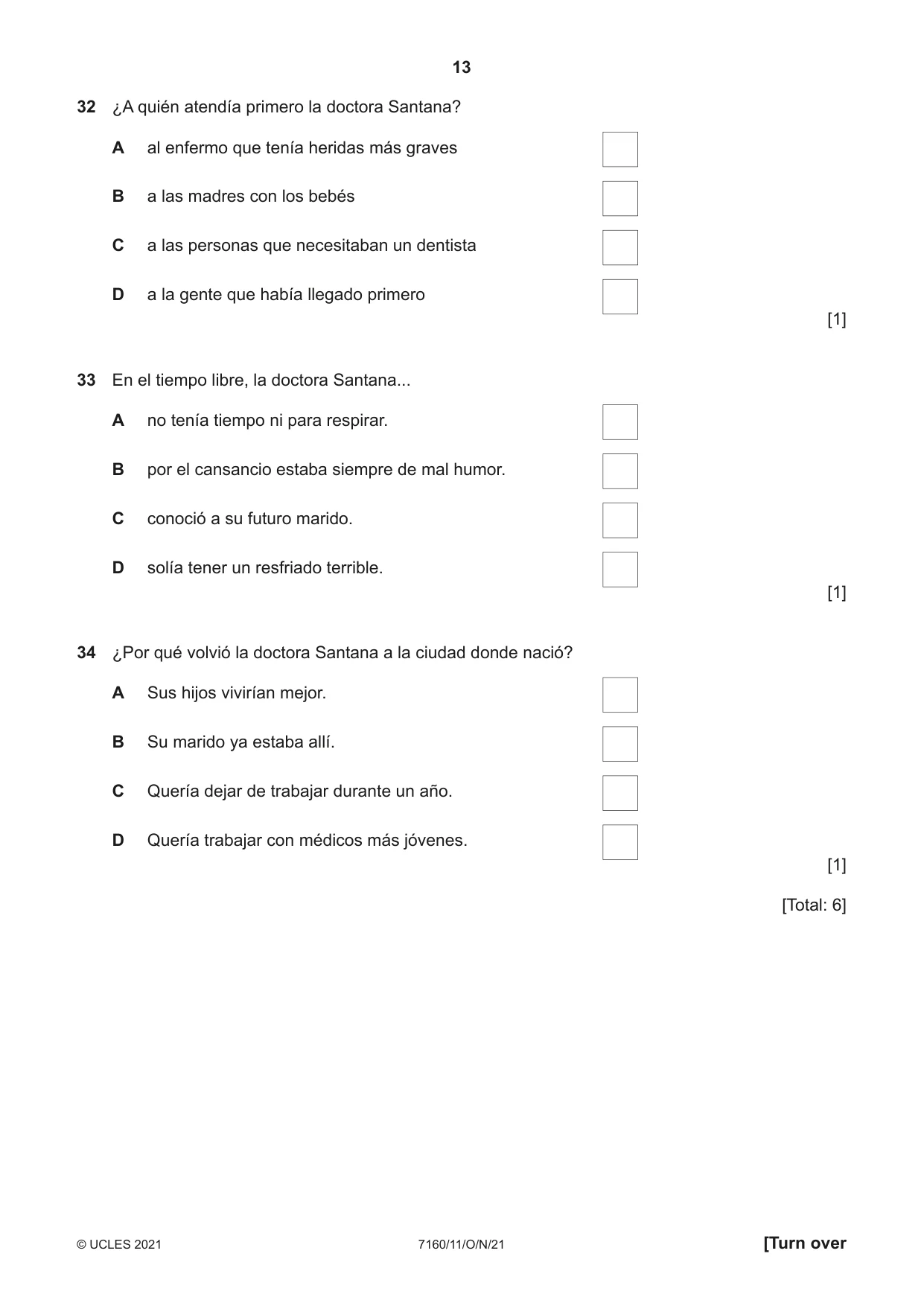 Cambridge IGCSE Spanish (9-1) 7160 2021 Oct/Nov Paper 1 · Variant 1 question paper, page 13 of 16