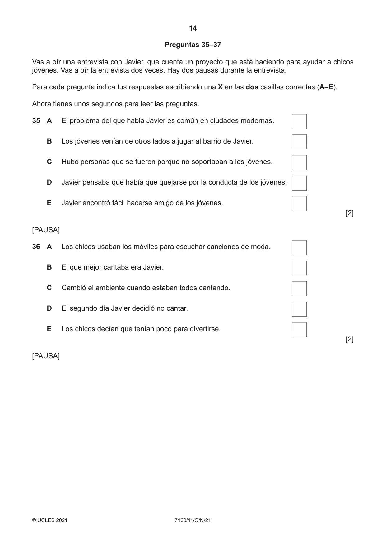 Cambridge IGCSE Spanish (9-1) 7160 2021 Oct/Nov Paper 1 · Variant 1 question paper, page 14 of 16