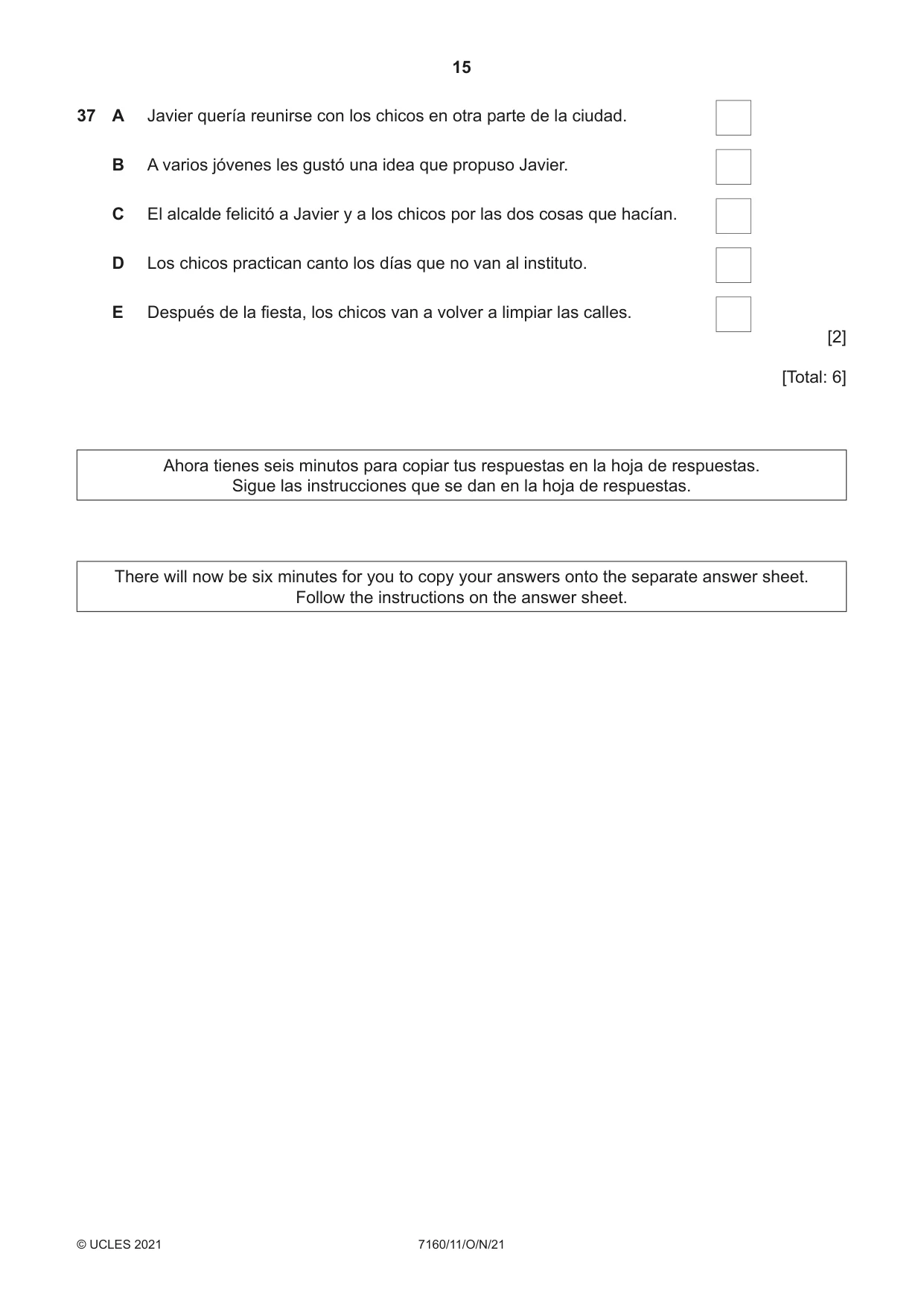 Cambridge IGCSE Spanish (9-1) 7160 2021 Oct/Nov Paper 1 · Variant 1 question paper, page 15 of 16
