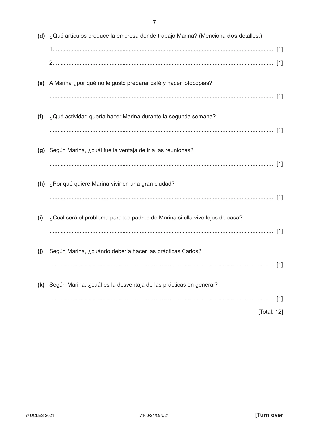 Cambridge IGCSE Spanish (9-1) 7160 2021 Oct/Nov Paper 2 · Variant 1 question paper, page 7 of 12