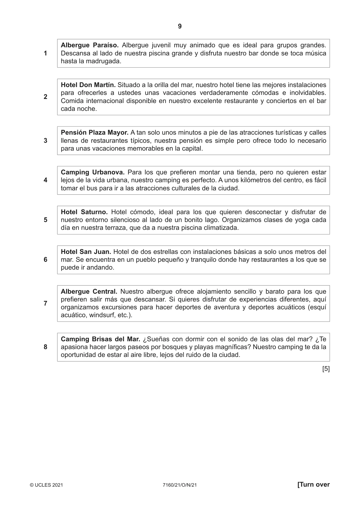 Cambridge IGCSE Spanish (9-1) 7160 2021 Oct/Nov Paper 2 · Variant 1 question paper, page 9 of 12