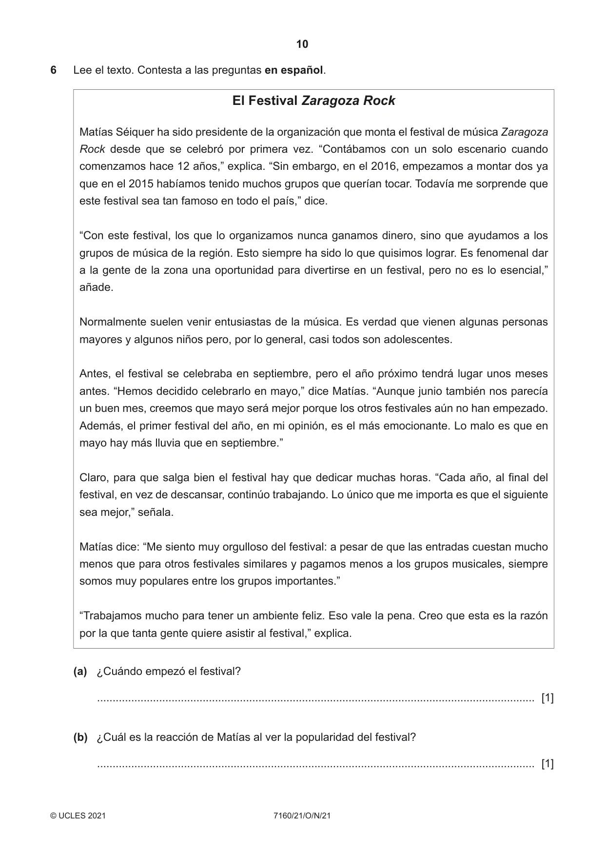 Cambridge IGCSE Spanish (9-1) 7160 2021 Oct/Nov Paper 2 · Variant 1 question paper, page 10 of 12