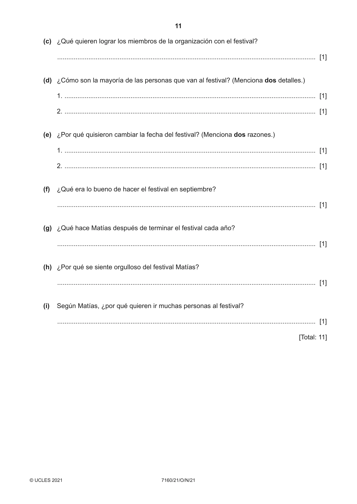Cambridge IGCSE Spanish (9-1) 7160 2021 Oct/Nov Paper 2 · Variant 1 question paper, page 11 of 12
