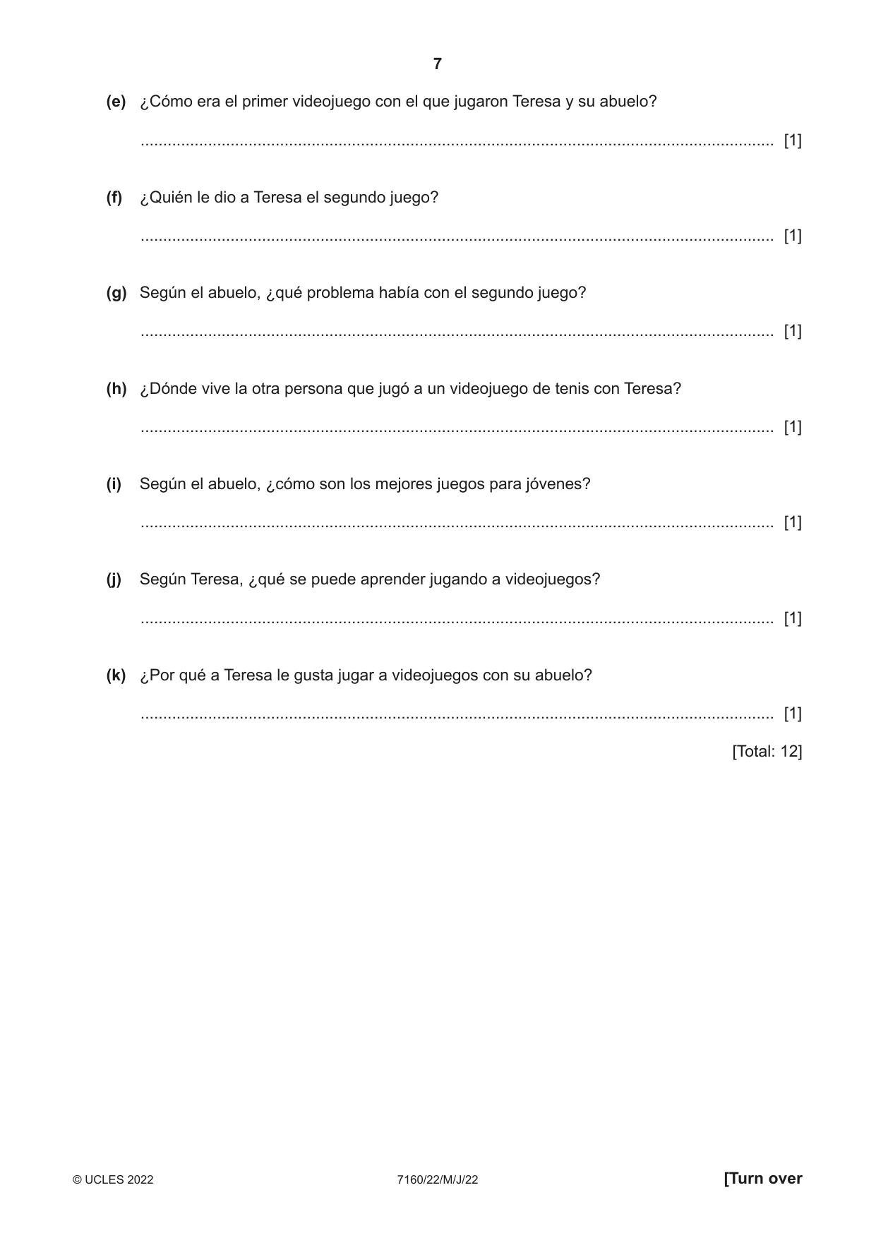 Cambridge IGCSE Spanish (9-1) 7160 2022 May/June Paper 2 · Variant 2 question paper, page 7 of 12