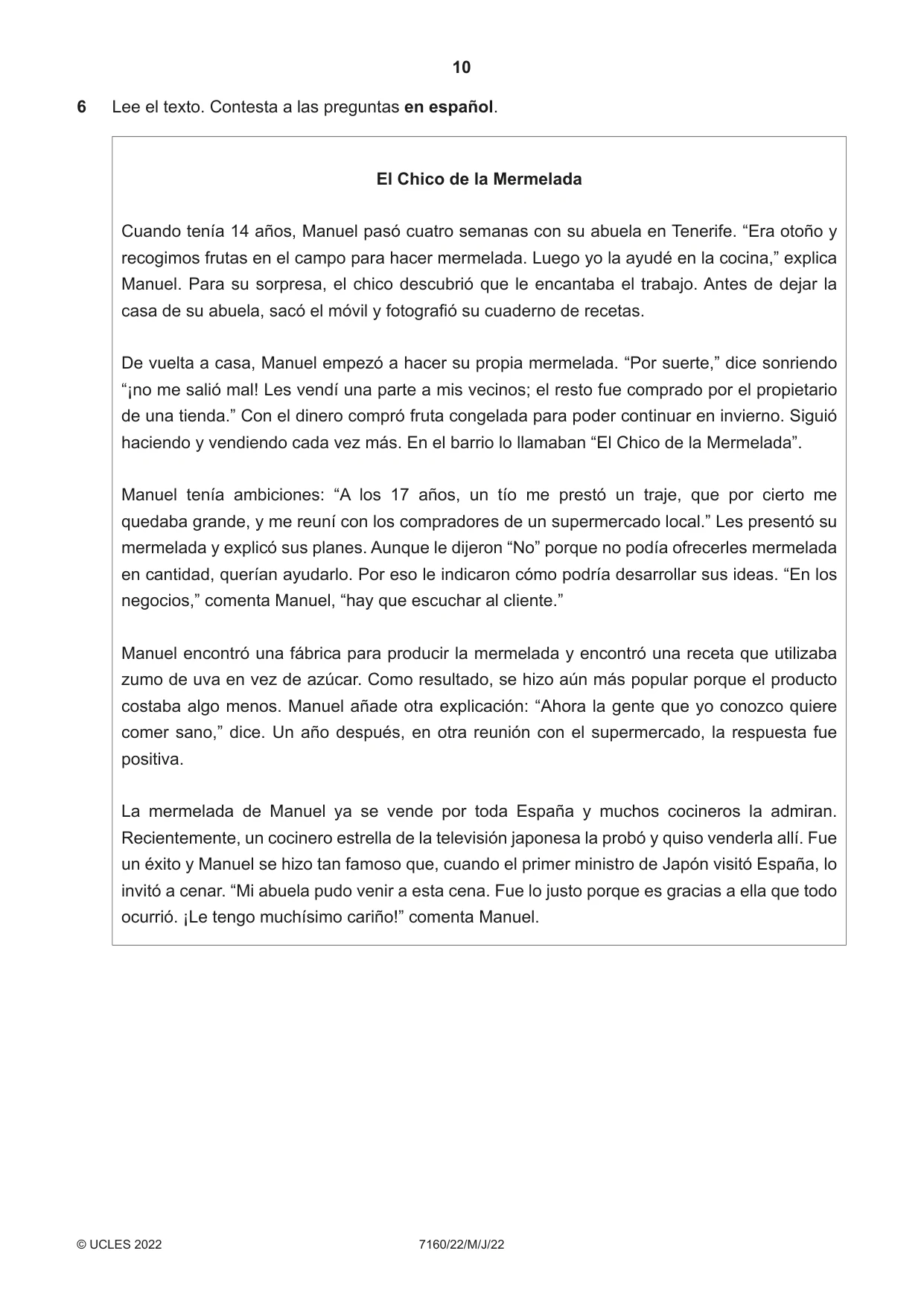 Cambridge IGCSE Spanish (9-1) 7160 2022 May/June Paper 2 · Variant 2 question paper, page 10 of 12
