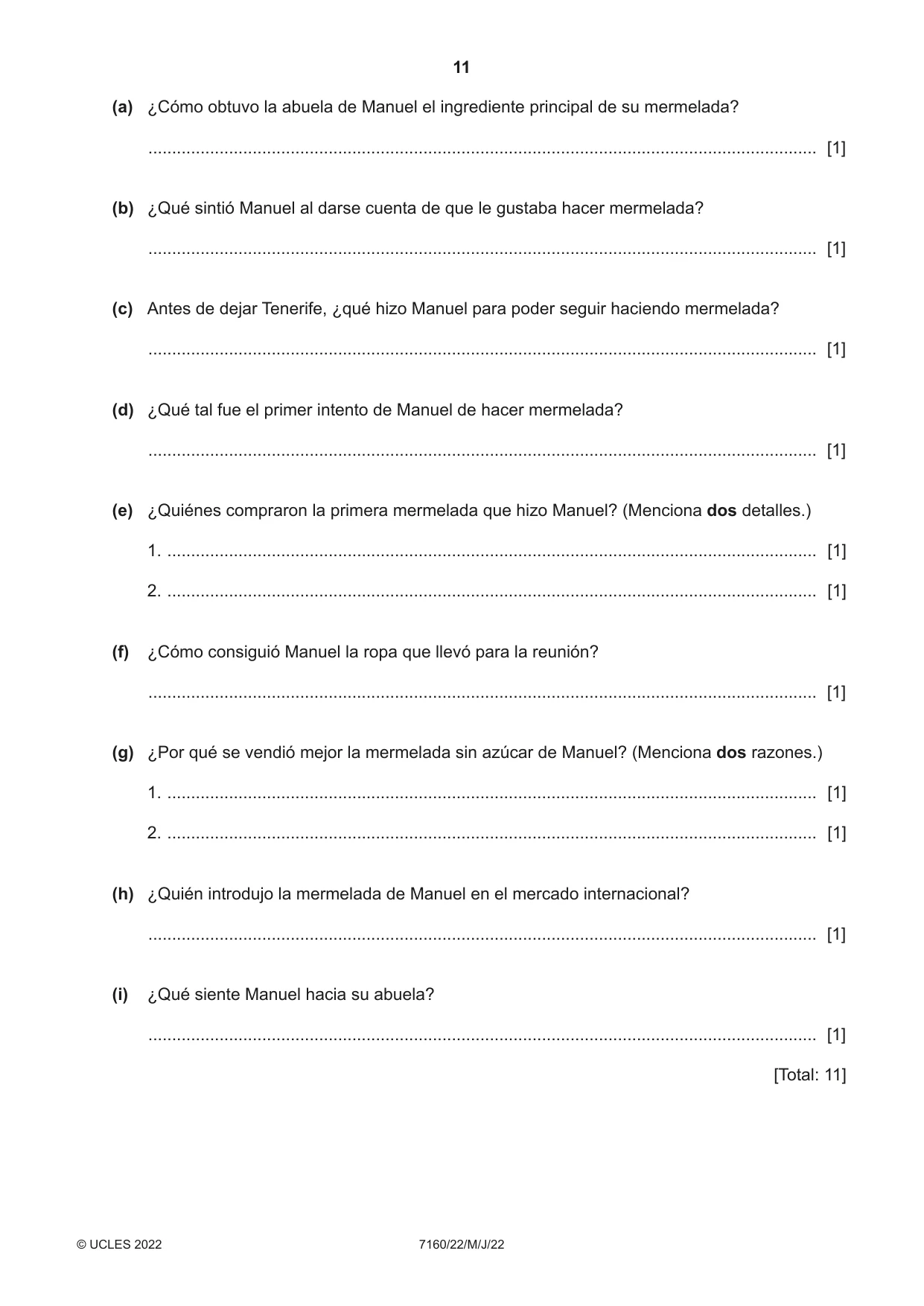 Cambridge IGCSE Spanish (9-1) 7160 2022 May/June Paper 2 · Variant 2 question paper, page 11 of 12