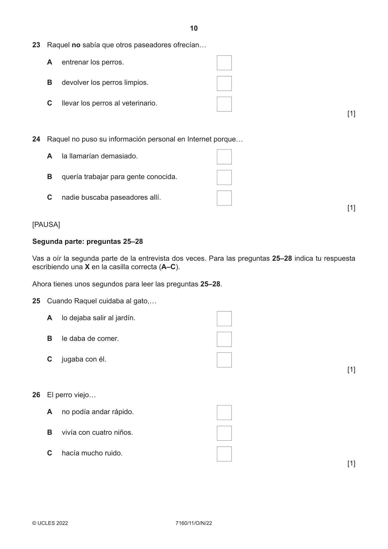 Cambridge IGCSE Spanish (9-1) 7160 2022 Oct/Nov Paper 1 · Variant 1 question paper, page 10 of 16