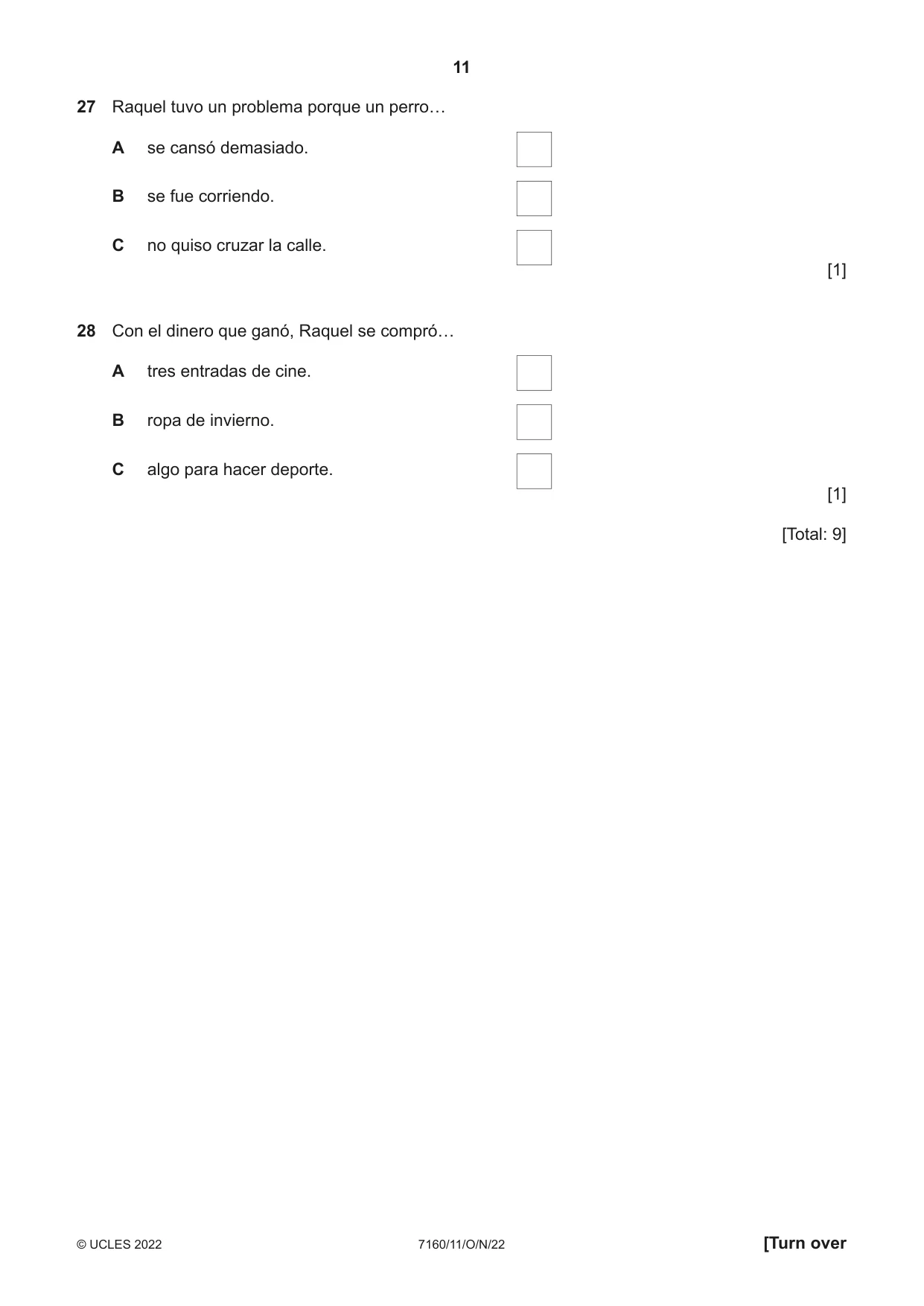Cambridge IGCSE Spanish (9-1) 7160 2022 Oct/Nov Paper 1 · Variant 1 question paper, page 11 of 16