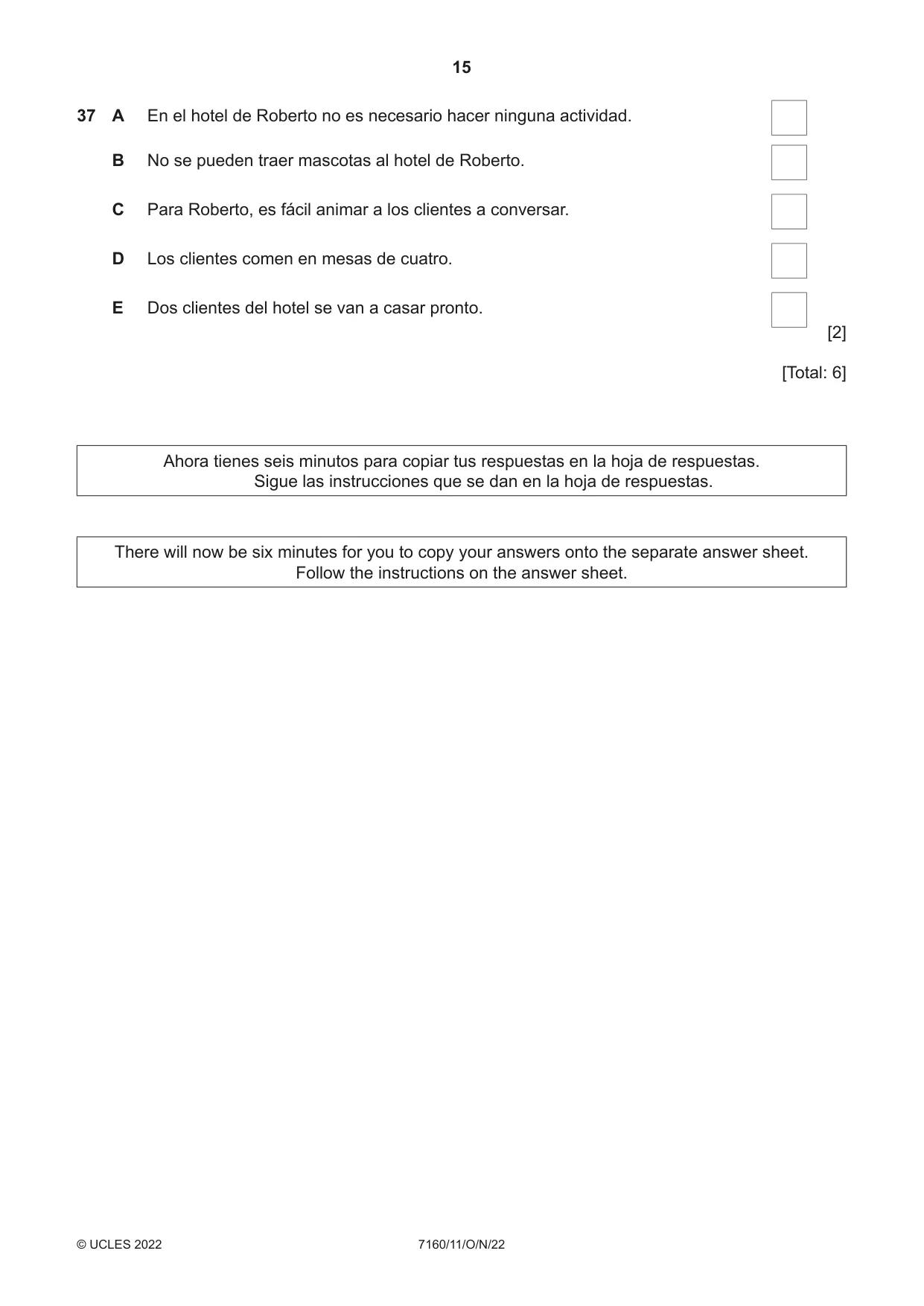 Cambridge IGCSE Spanish (9-1) 7160 2022 Oct/Nov Paper 1 · Variant 1 question paper, page 15 of 16