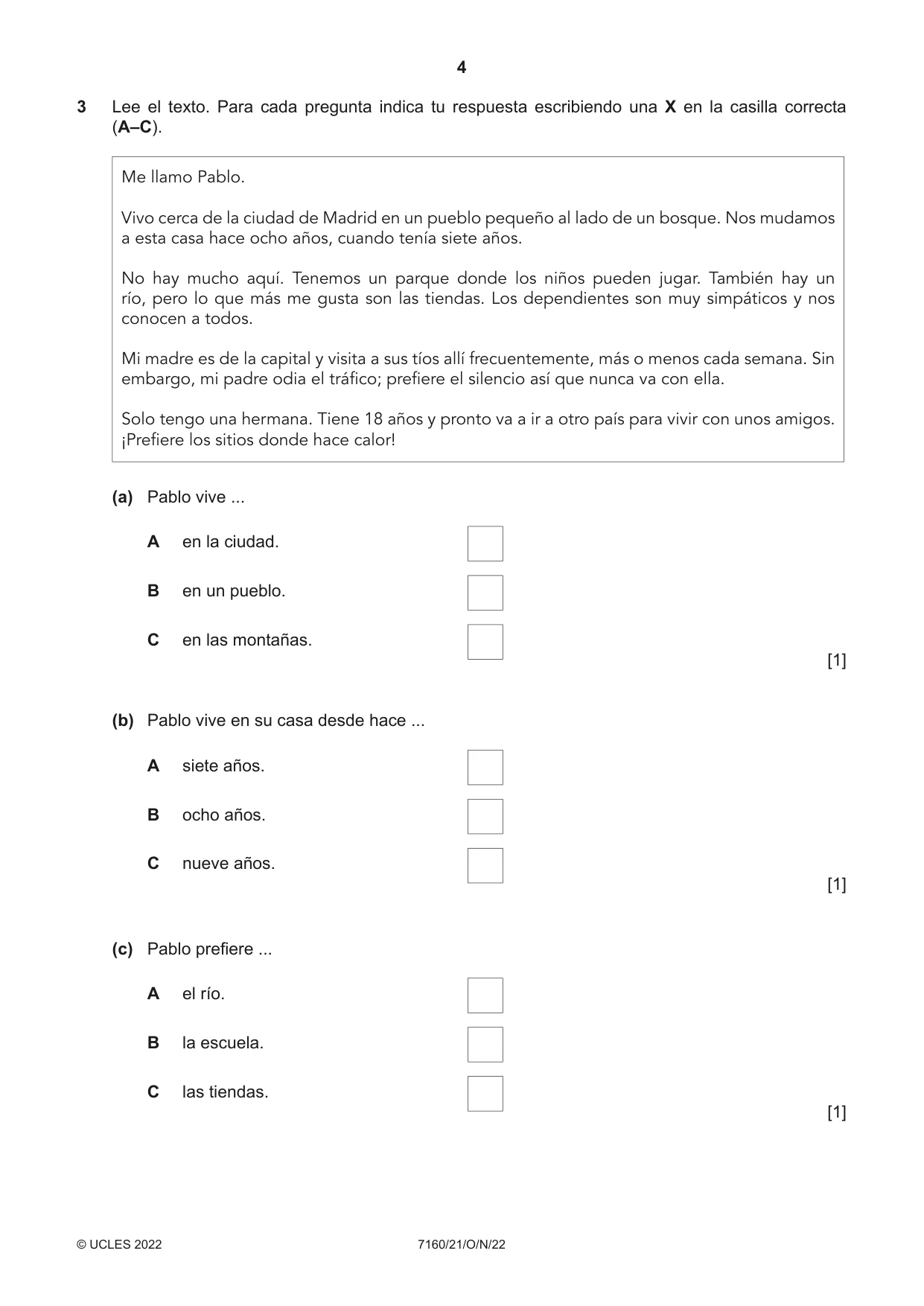 Cambridge IGCSE Spanish (9-1) 7160 2022 Oct/Nov Paper 2 · Variant 1 question paper, page 4 of 12