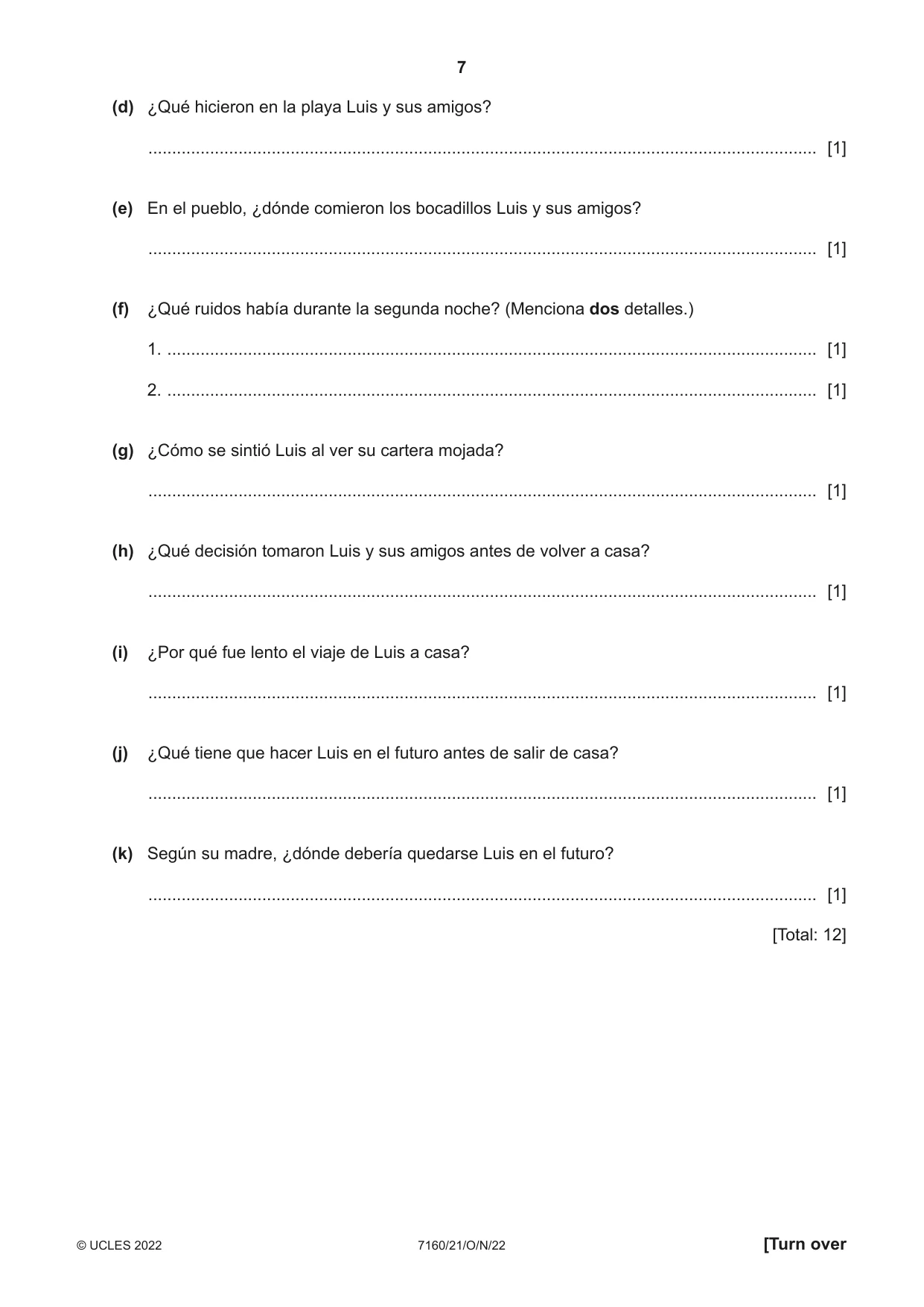 Cambridge IGCSE Spanish (9-1) 7160 2022 Oct/Nov Paper 2 · Variant 1 question paper, page 7 of 12