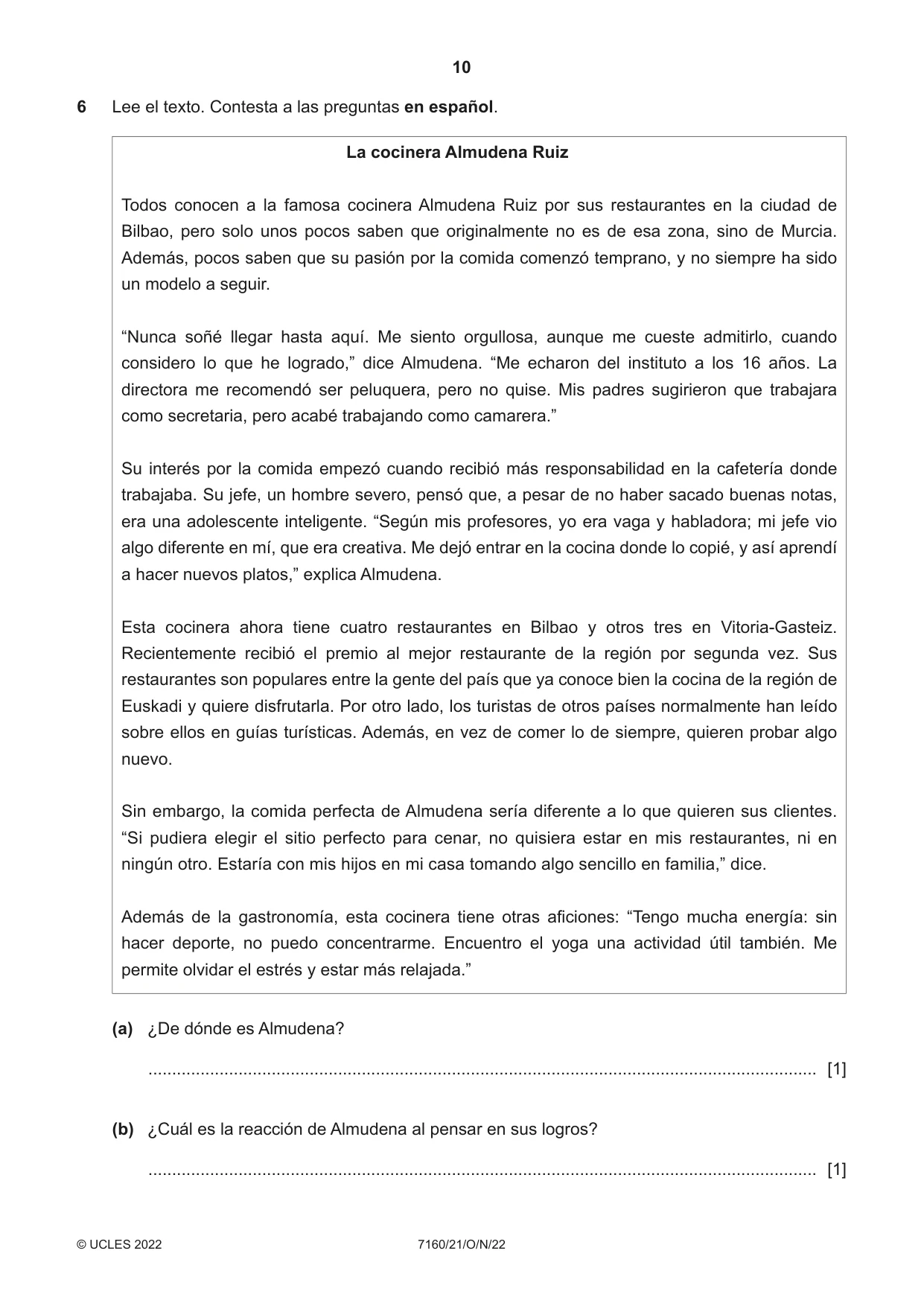 Cambridge IGCSE Spanish (9-1) 7160 2022 Oct/Nov Paper 2 · Variant 1 question paper, page 10 of 12