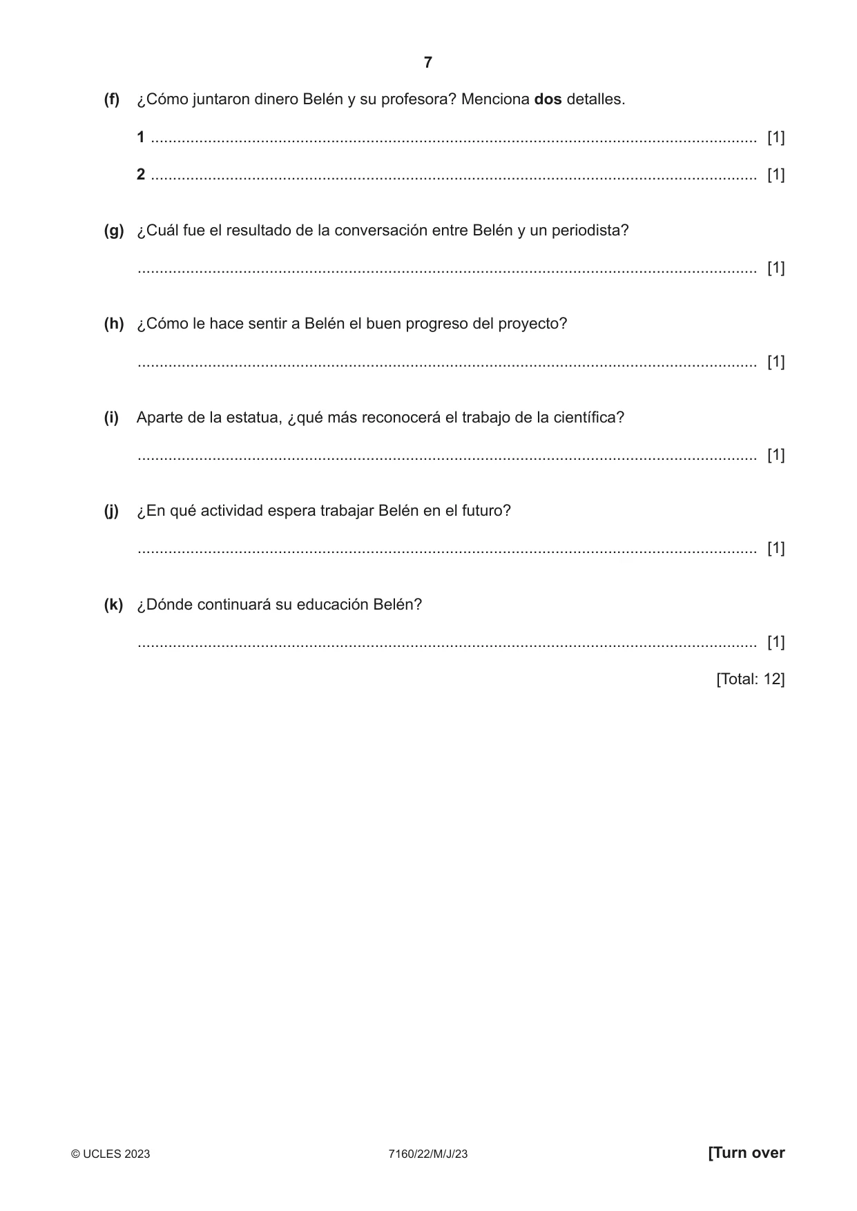Cambridge IGCSE Spanish (9-1) 7160 2023 May/June Paper 2 · Variant 2 question paper, page 7 of 12