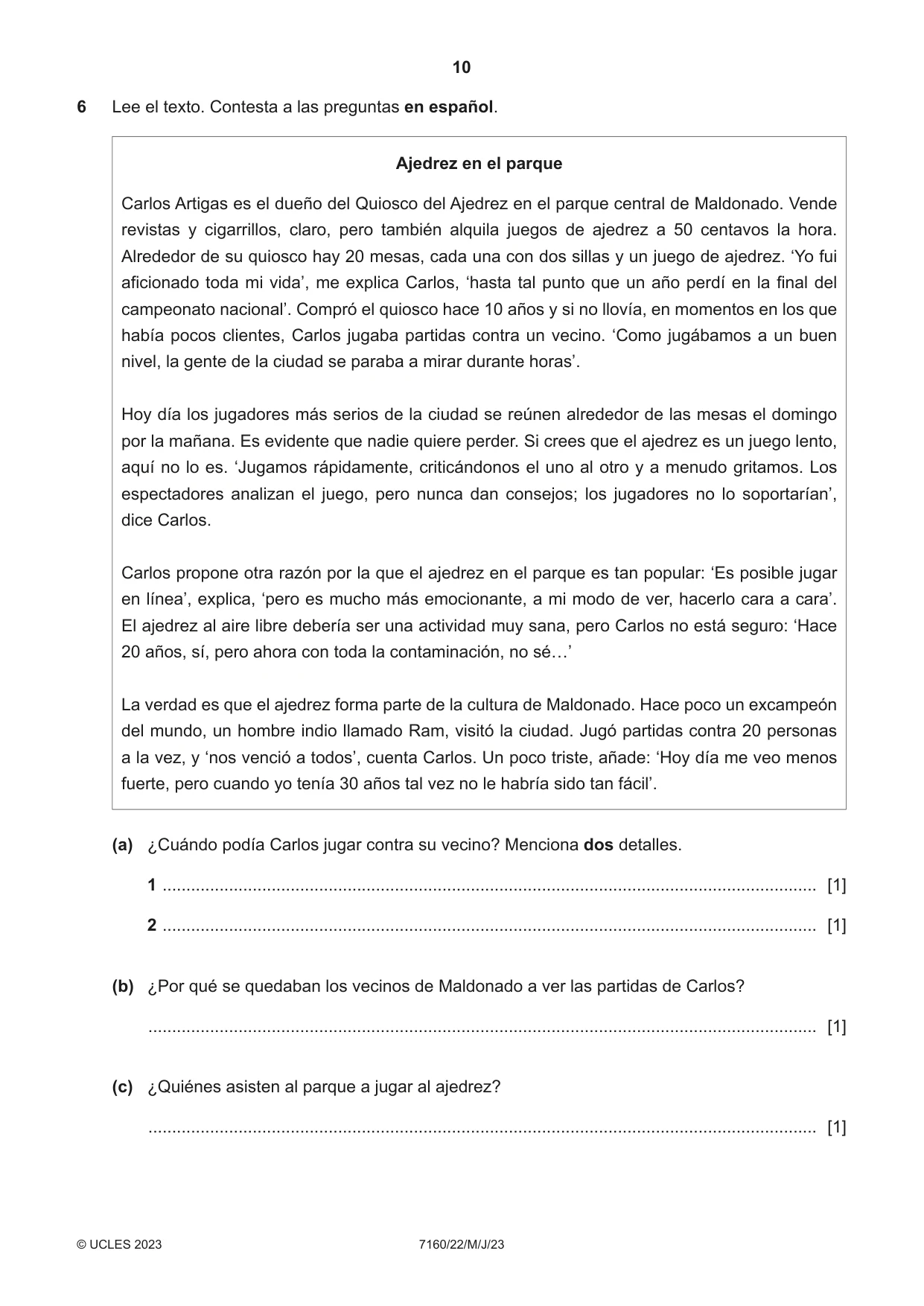 Cambridge IGCSE Spanish (9-1) 7160 2023 May/June Paper 2 · Variant 2 question paper, page 10 of 12