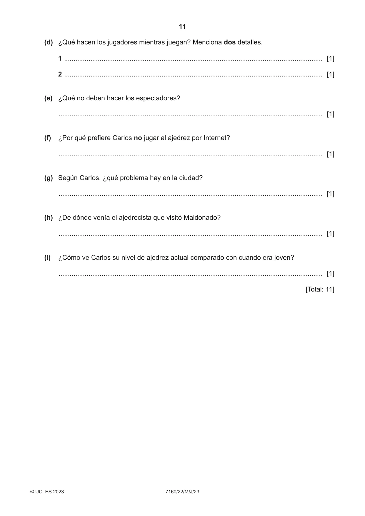 Cambridge IGCSE Spanish (9-1) 7160 2023 May/June Paper 2 · Variant 2 question paper, page 11 of 12